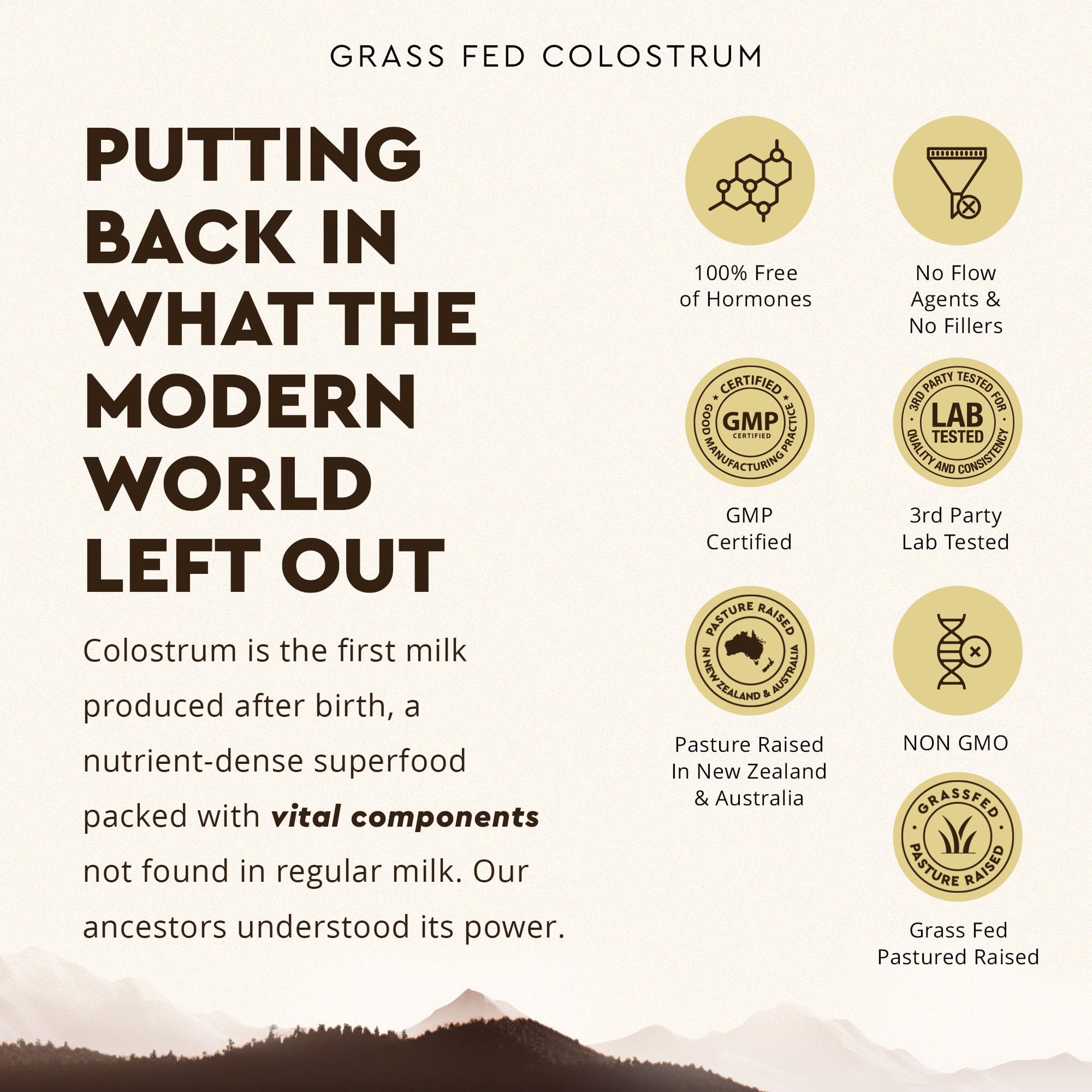 Source grass-fed sur fond naturel, colostrum Ancestral Supplements riches en bioactifs.
