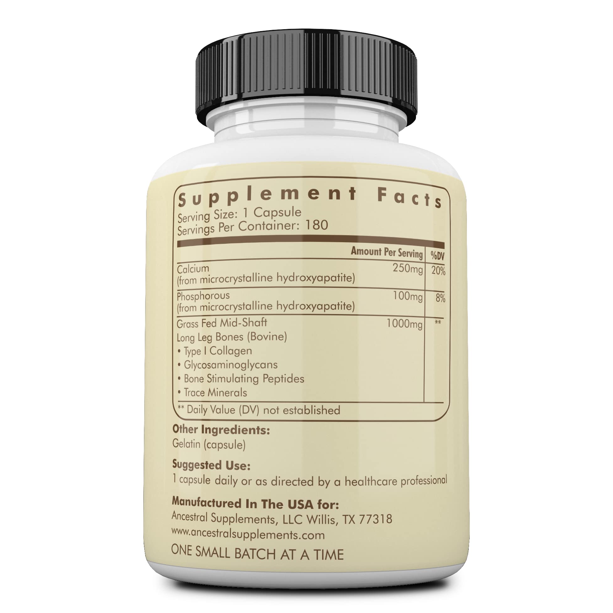 Ancestral Supplements etiquette visible, informations claires sur l’origine et les bienfaits possibles.