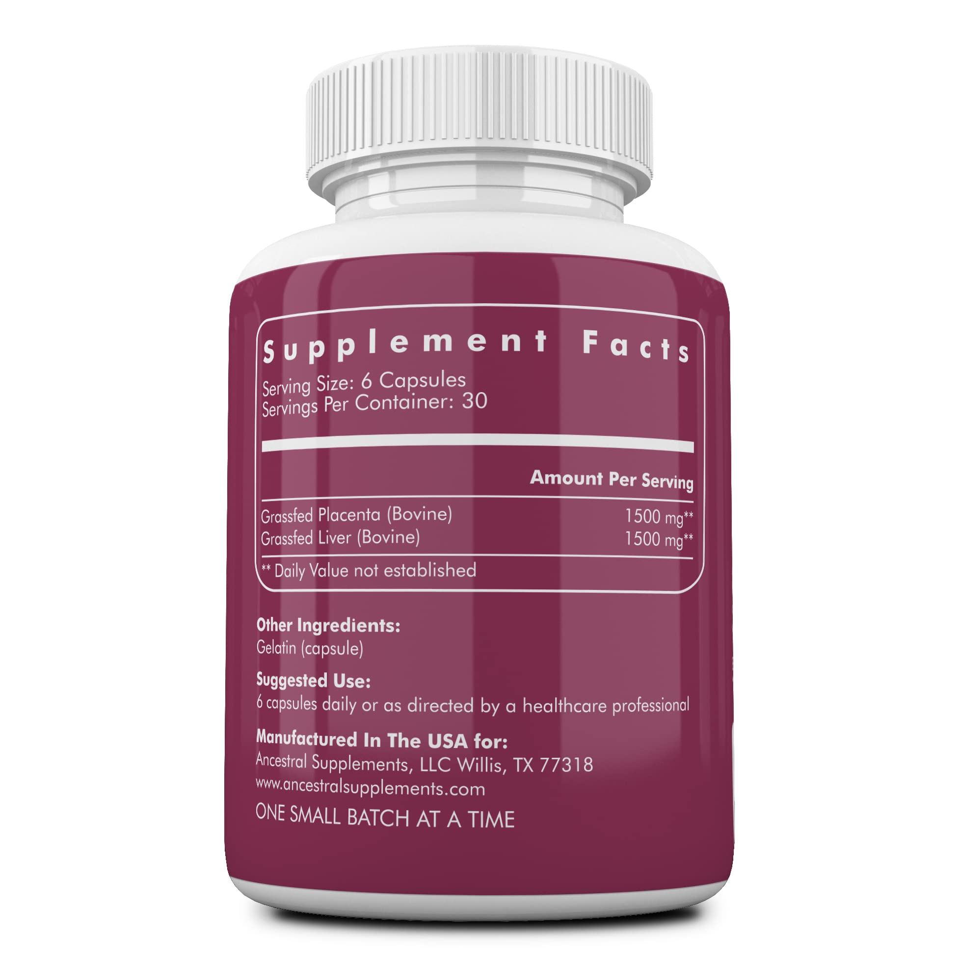Ancestral Supplements – Étiquette montrant placenta et foie, source naturelle de fer et vitamines.