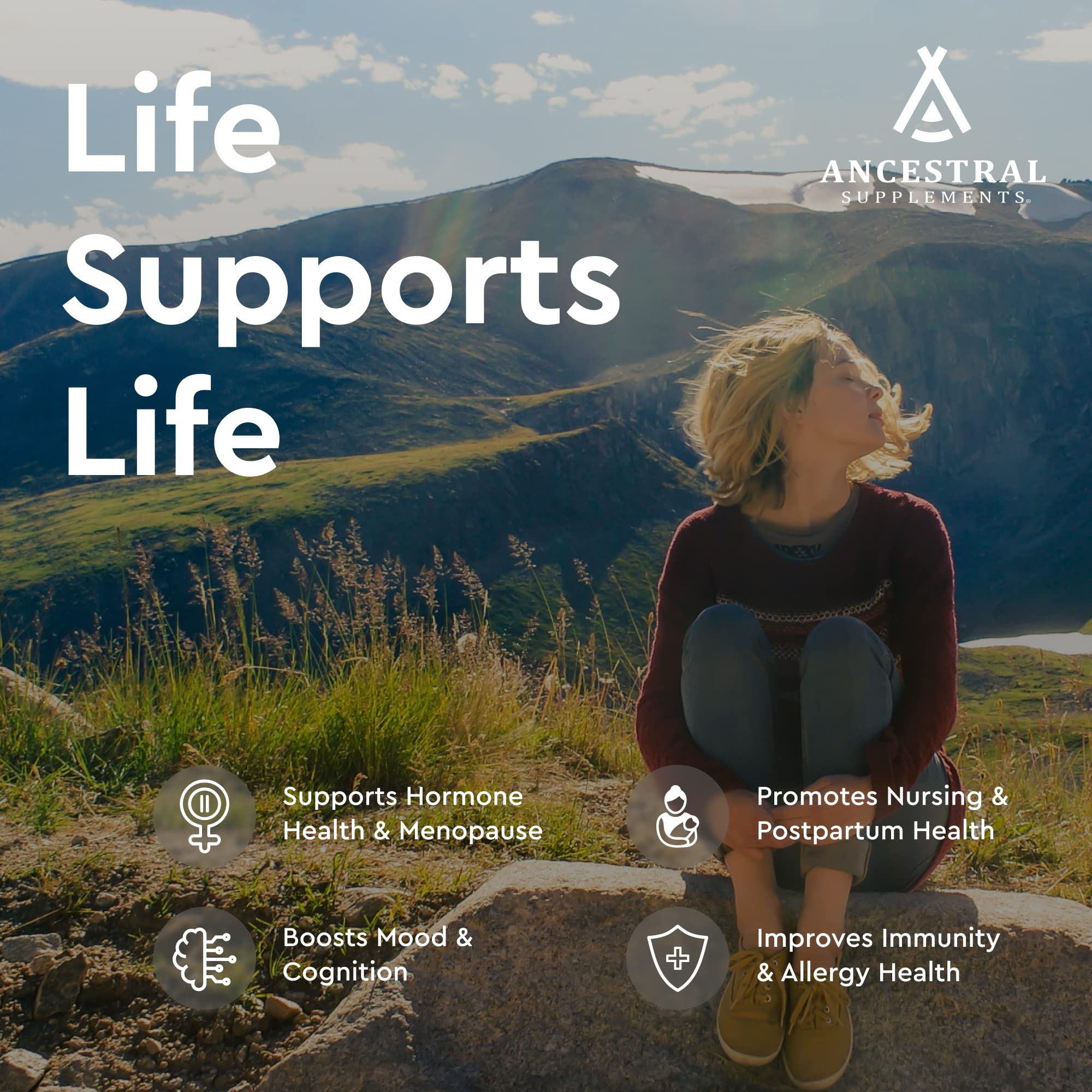 Ancestral Supplements – Gélules placenta et foie, format pratique pour postpartum et énergie quotidienne.