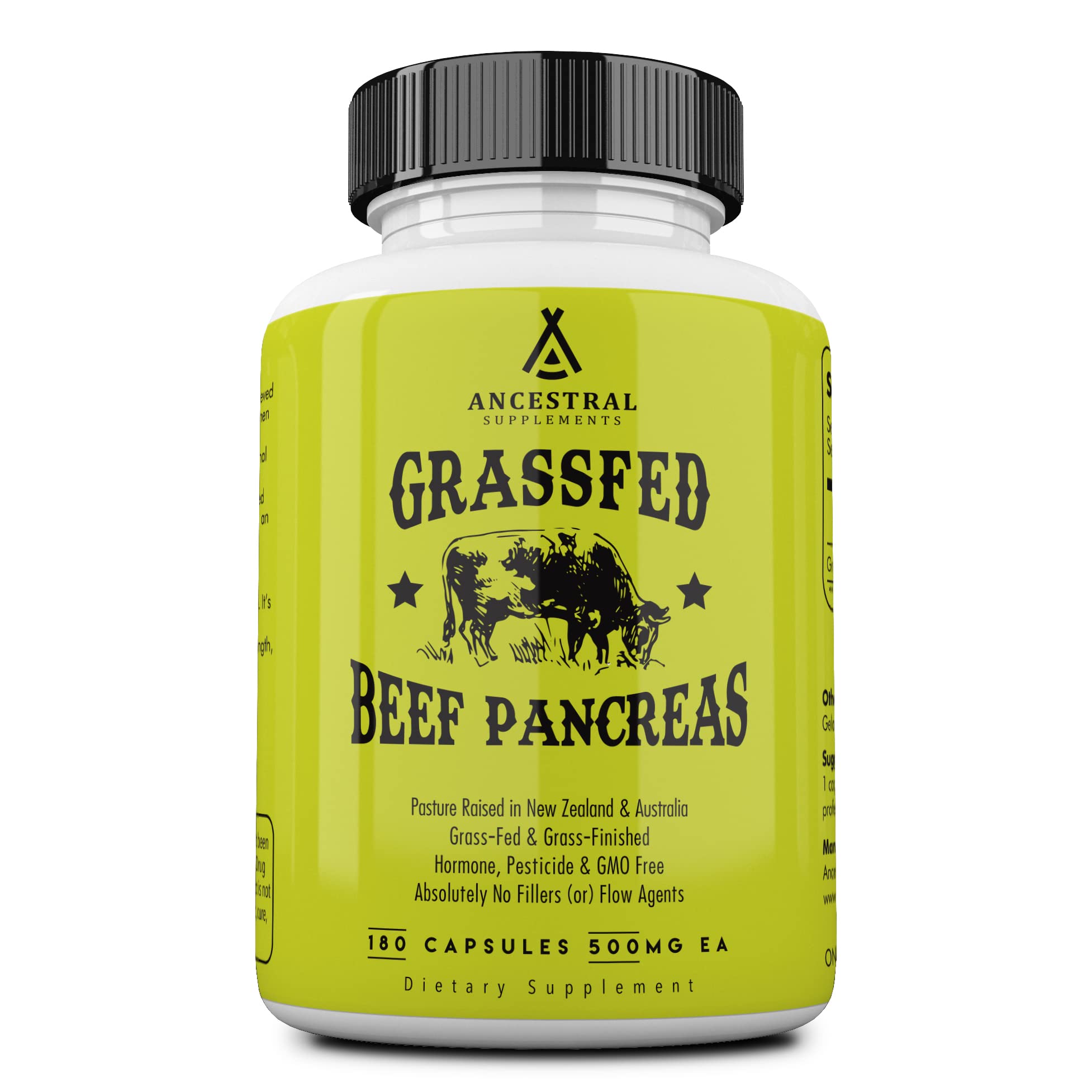 Ancestral Supplements Pancréas Bovin Bouteille: soutien digestif grâce aux enzymes protéolytiques.