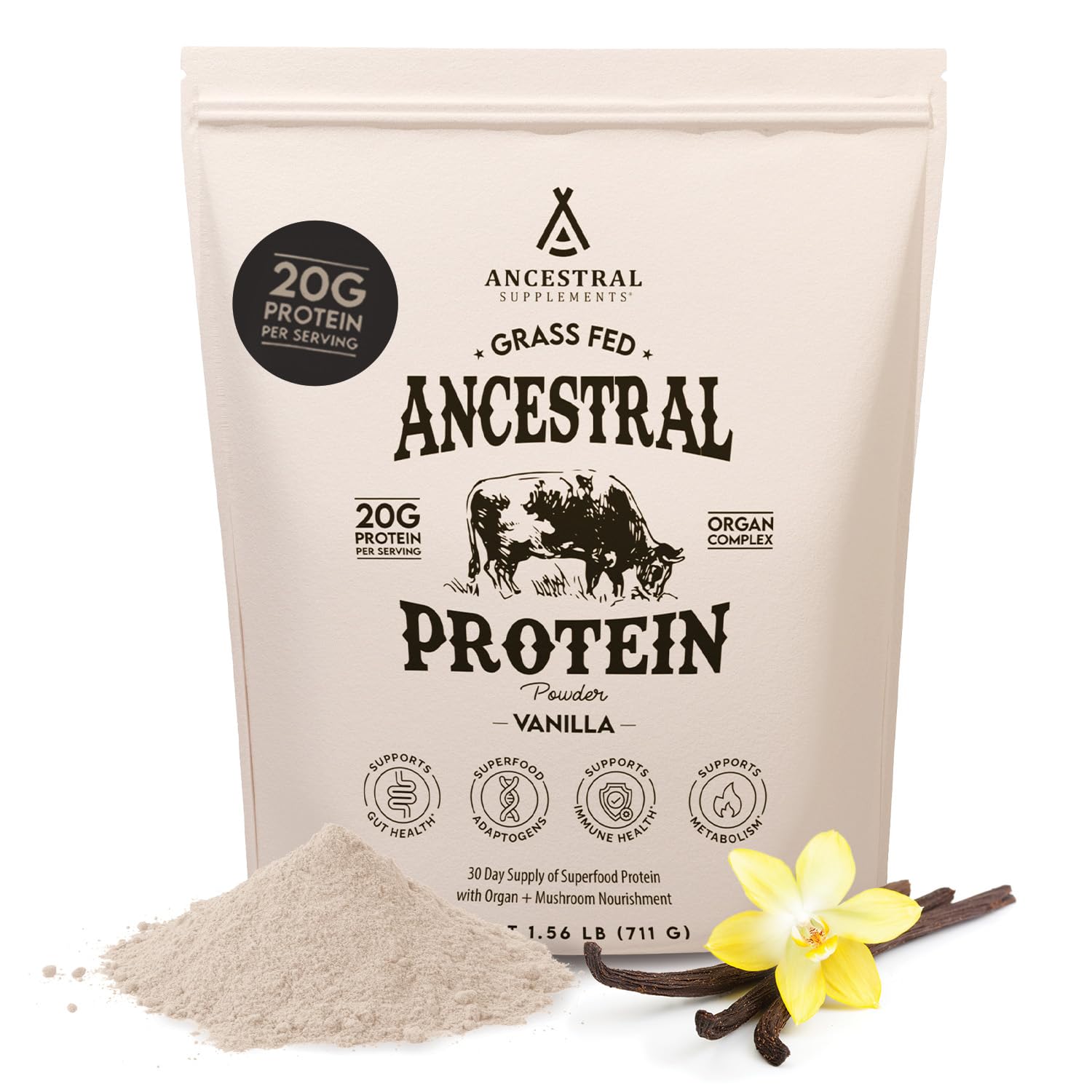 Ancestral Supplements Protéine Vanille, emballage élégant prêt à intégrer votre routine protéinée
