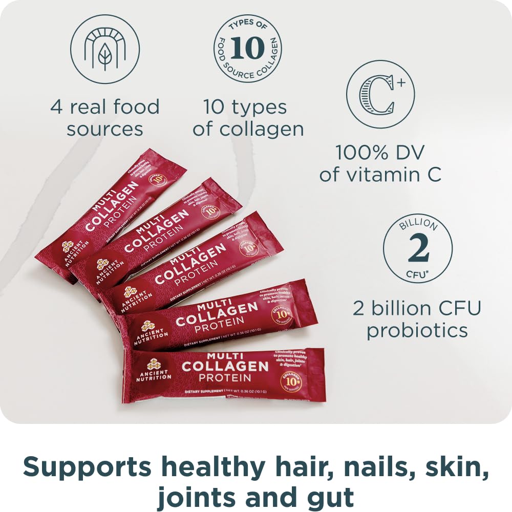 Ancient Nutrition Multi-Collagen poudre, mélange lisse dans un smoothie.