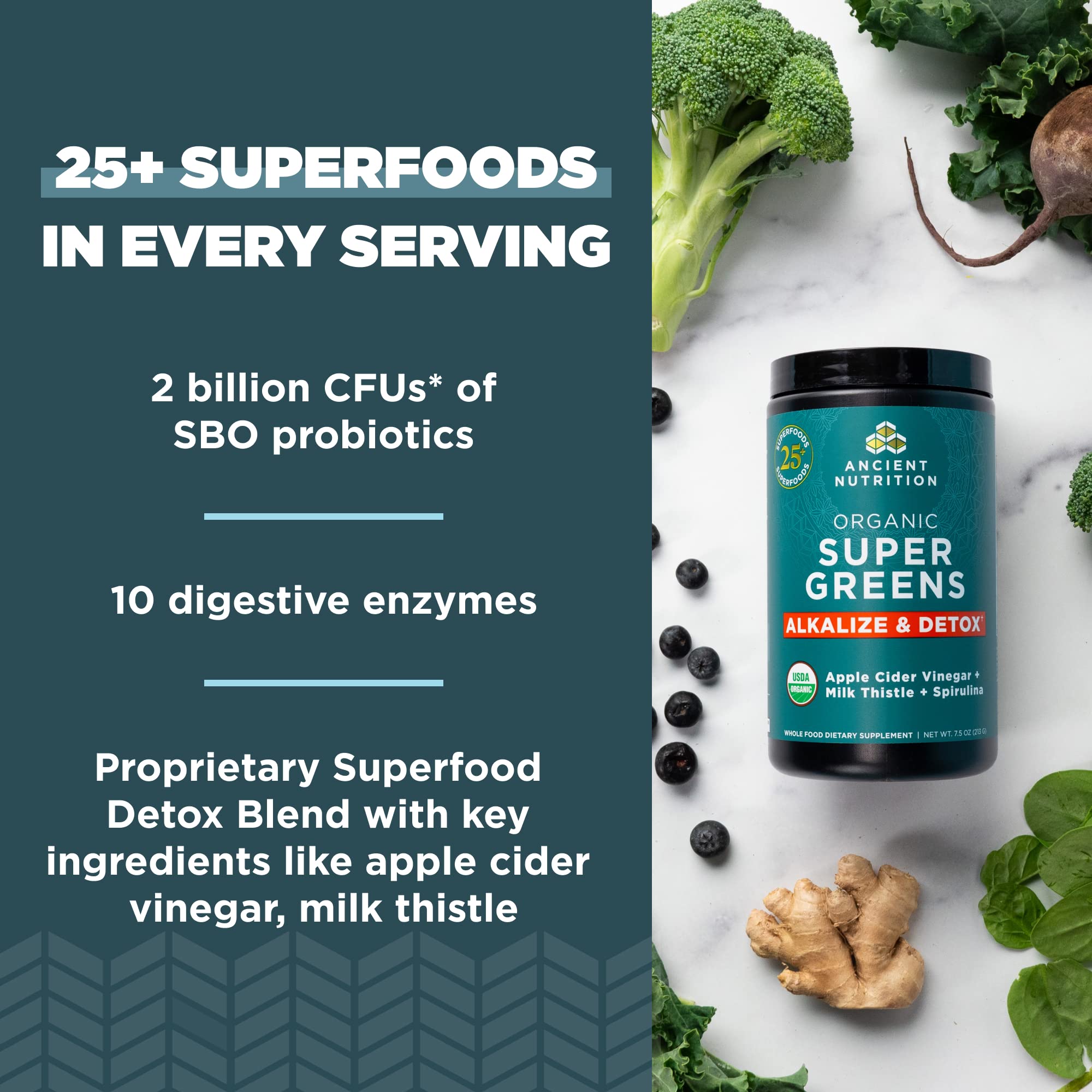 Ancient Nutrition Supergreens Detox & Alkalize, mélange vert dans eau pour un jus rapide