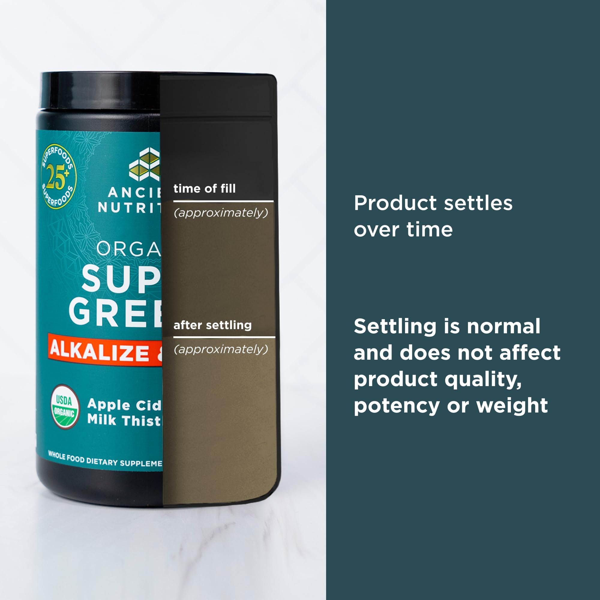 Ancient Nutrition Supergreens Detox & Alkalize, étiquette indiquant fabrication aux États‑Unis et sécurité