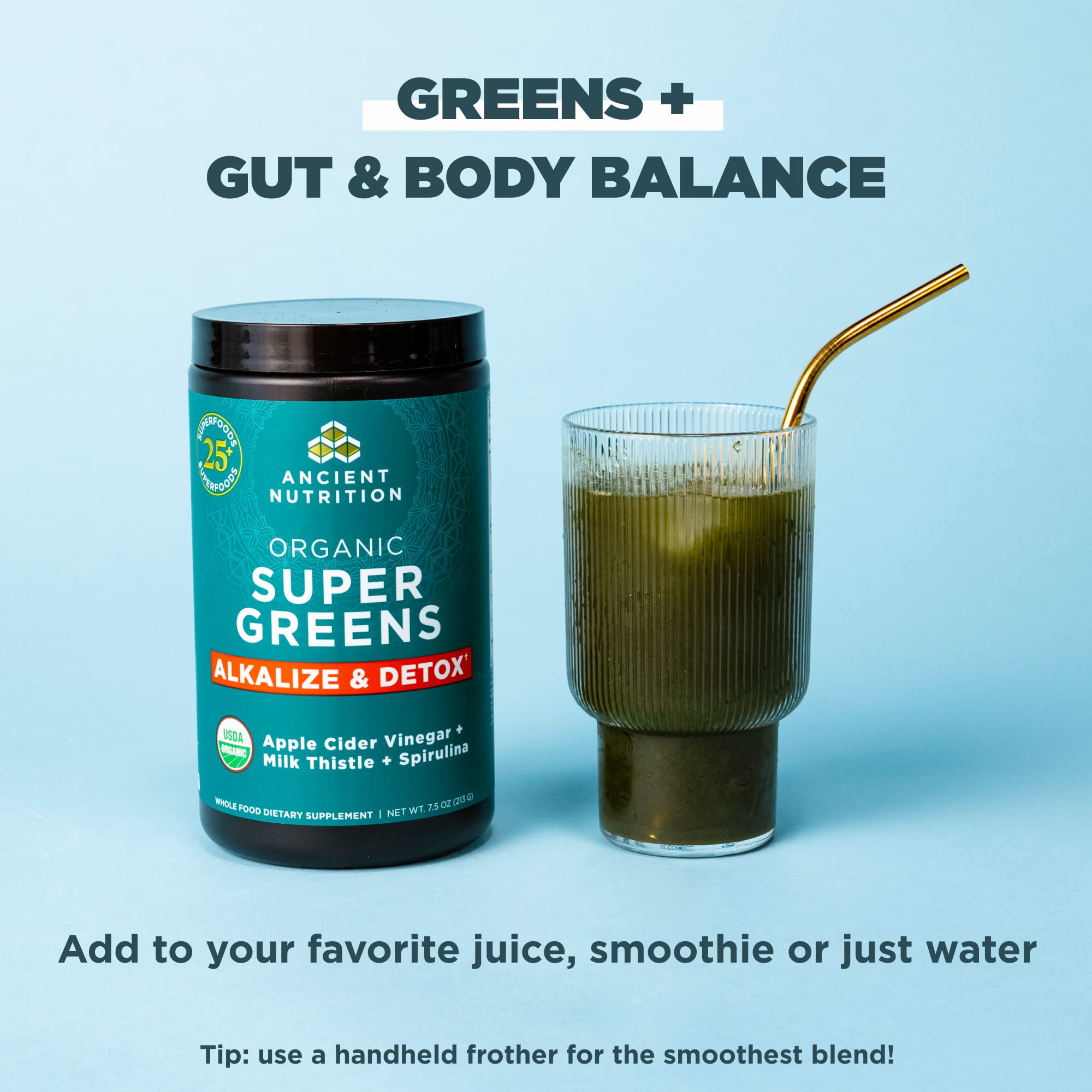 Ancient Nutrition Supergreens Detox & Alkalize, ingrédients verts variés pour nourrir l'organisme