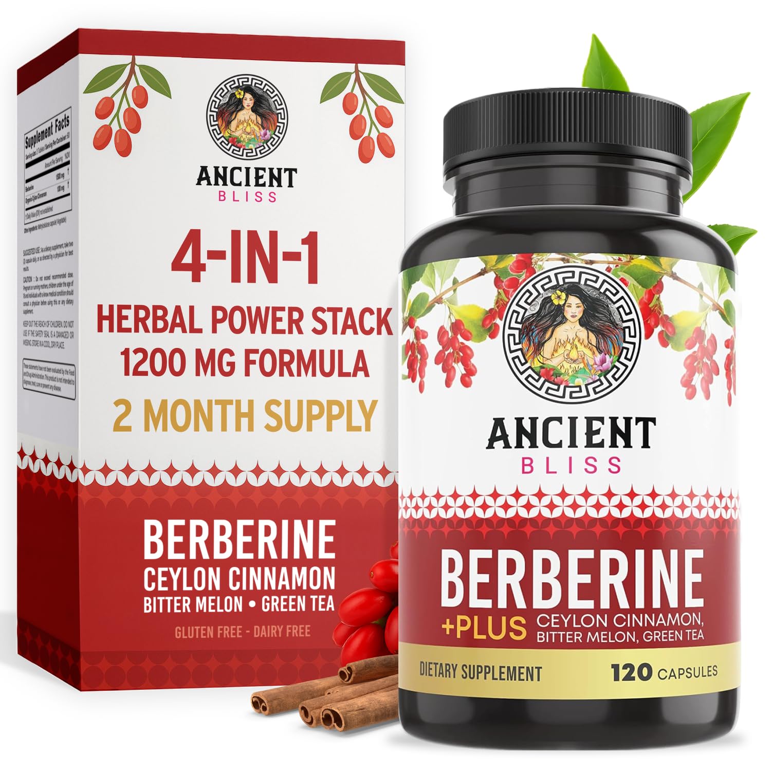 Ancient Bliss Berberine HCL 1200mg - bouteille: soutien quotidien du bien-être.