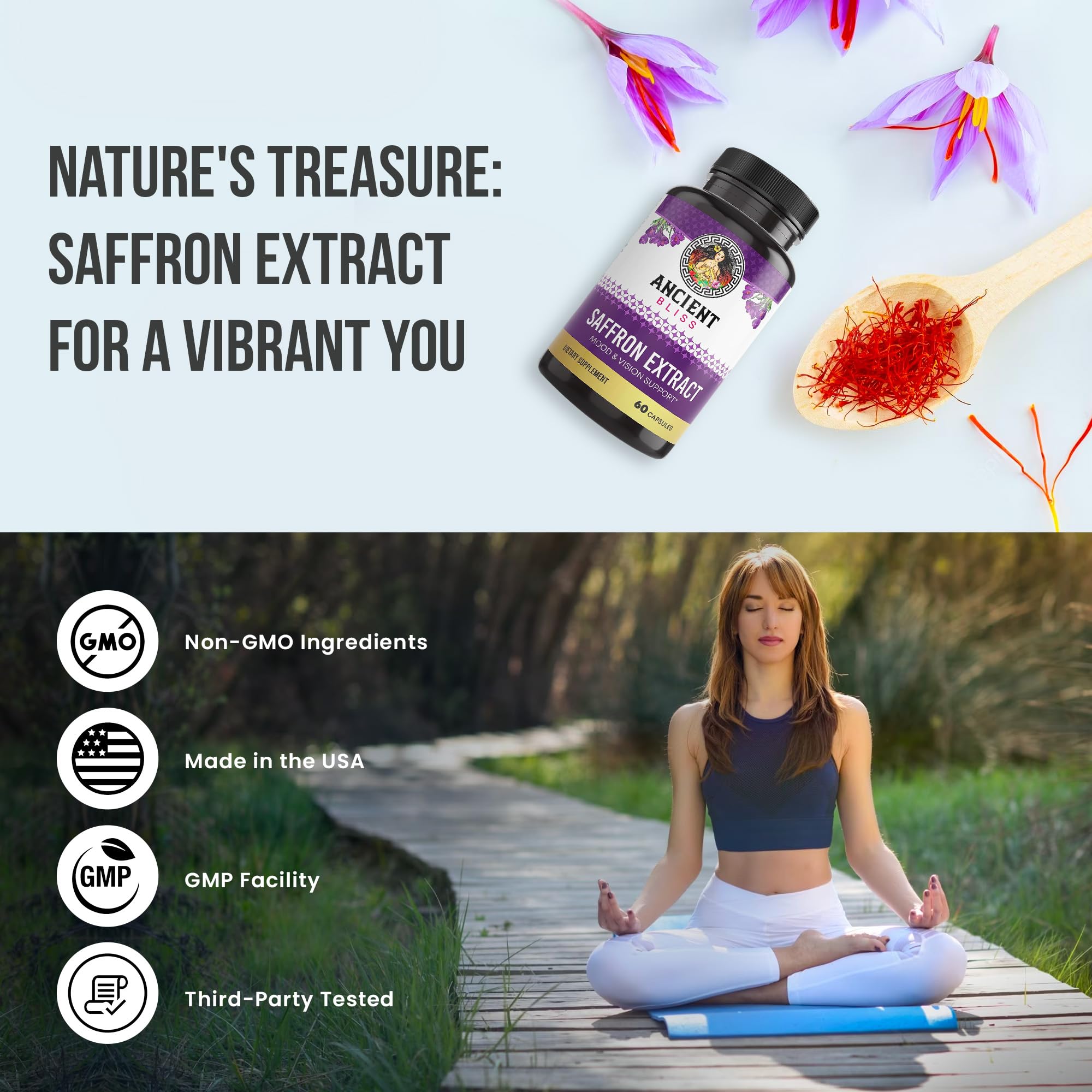Ancient Bliss safran: capsules faciles à avaler dans la routine quotidienne.