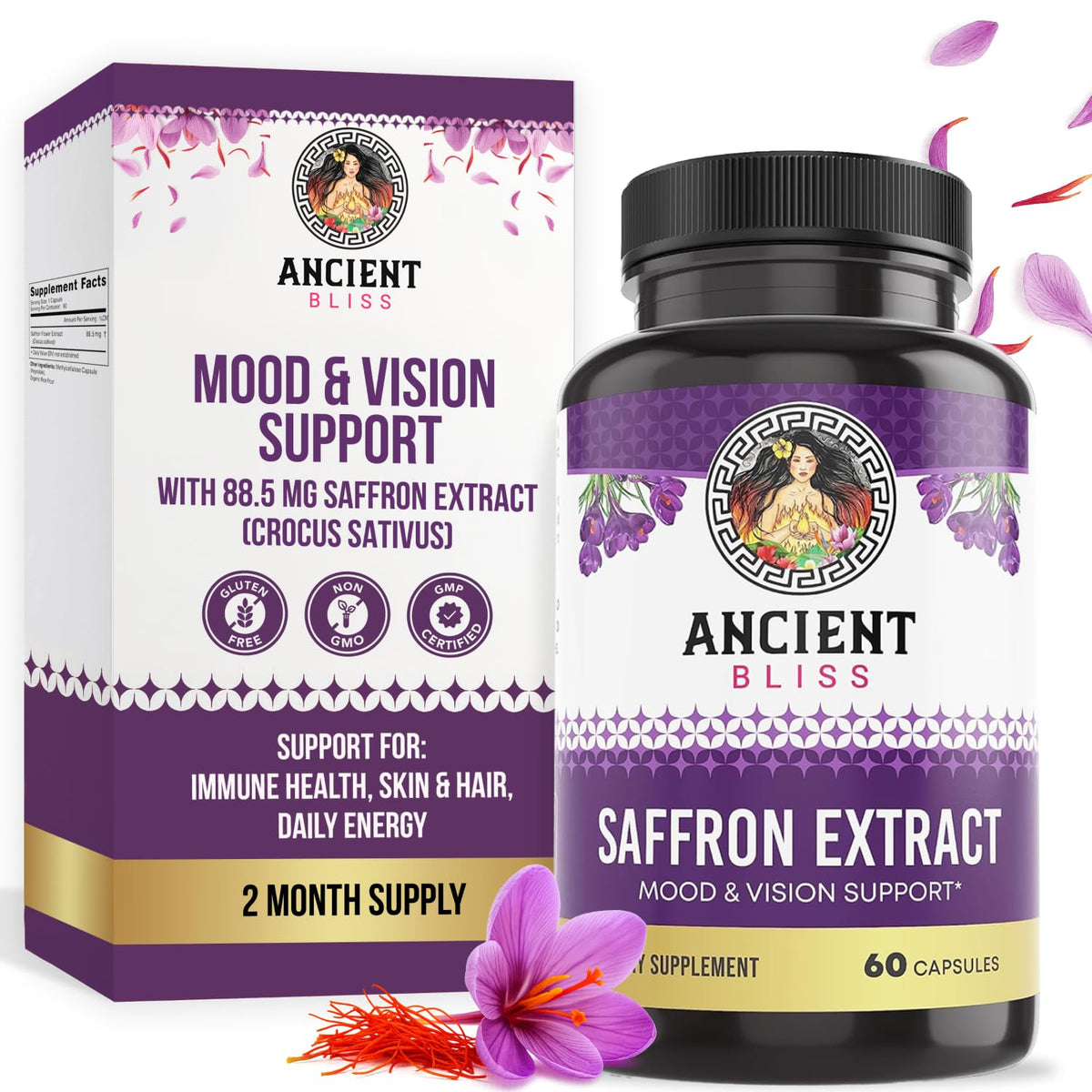 Ancient Bliss safran: gélules pour l'humeur et le bien-être émotionnel.