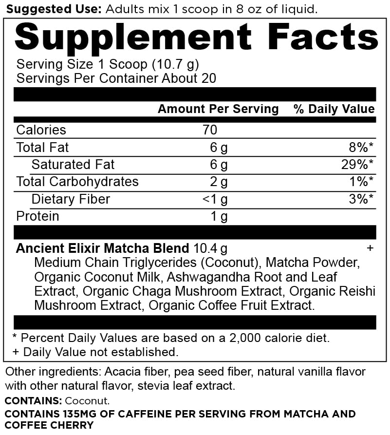 Ingrédients clés Ancient Elixirs Matcha: Ashwagandha et thé vert.