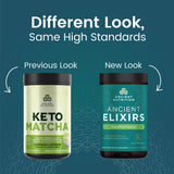 Poudre Matcha Ancient Elixirs prête à être mélangée dans une boisson.