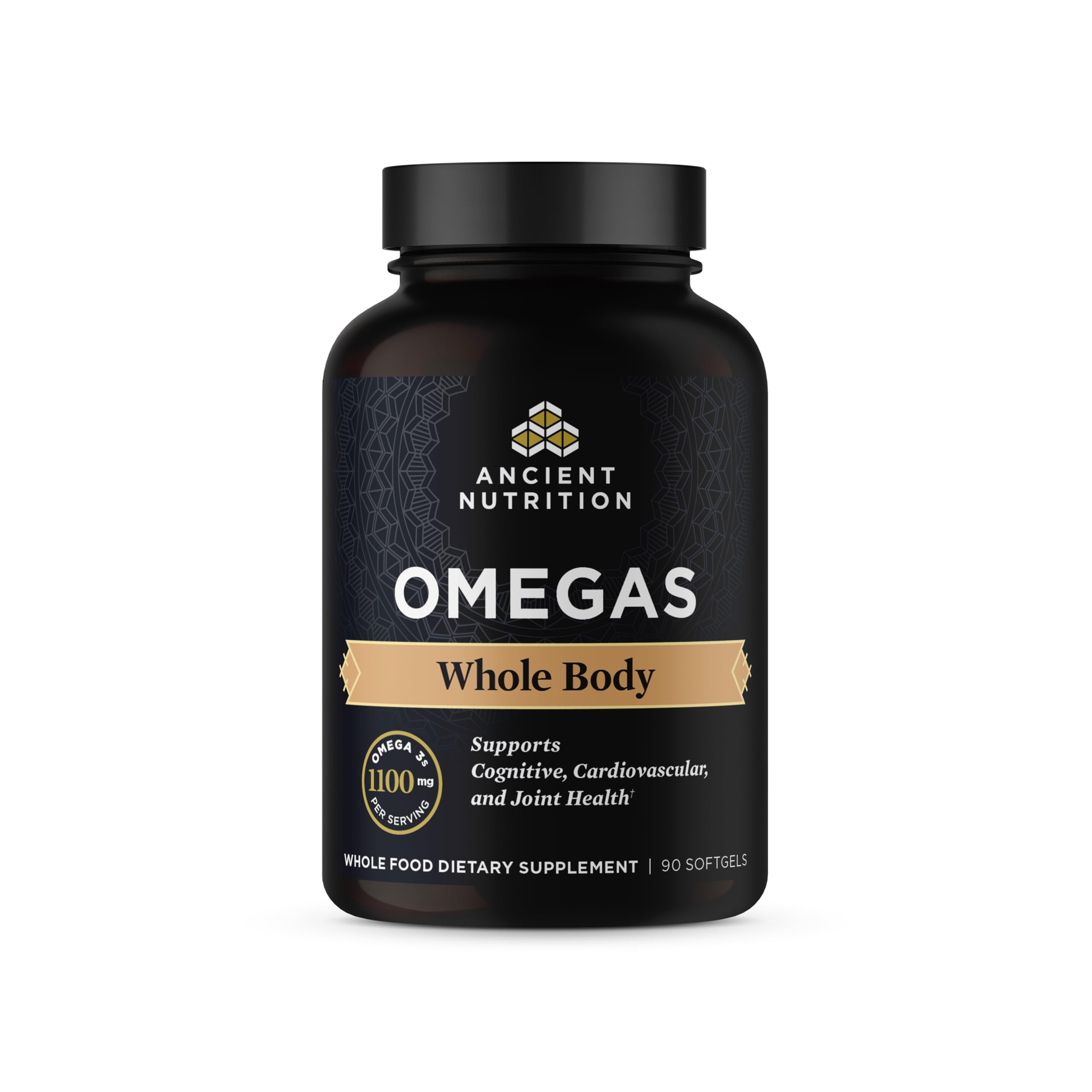 Ancient Omegas Whole Body: bouteille montrant l alliance d oméga pour le soutien cardiovasculaire.
