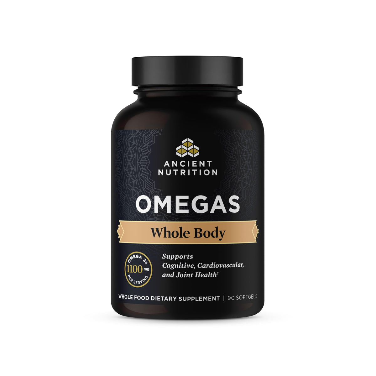 Ancient Omegas Whole Body: bouteille montrant l alliance d oméga pour le soutien cardiovasculaire.