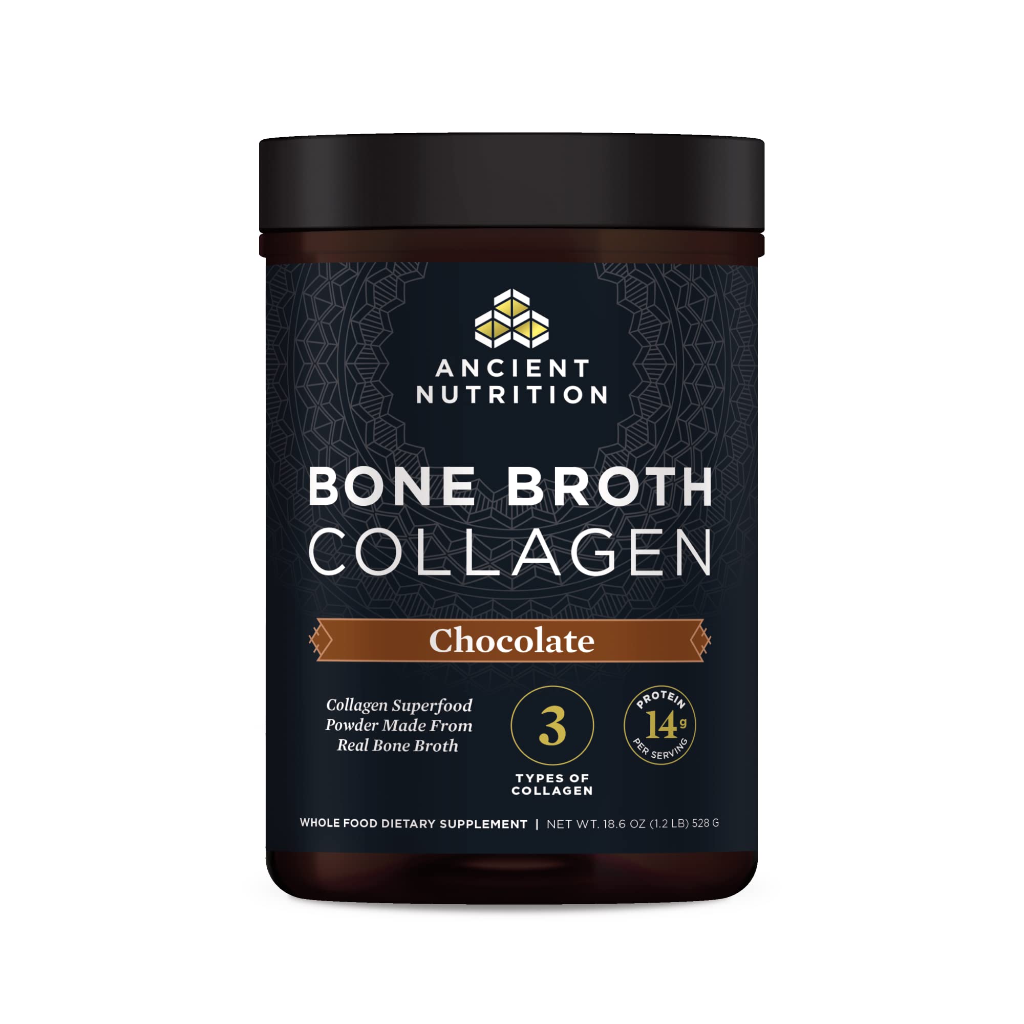 Ancient Nutrition Bouillon Os Collagene Chocolat, boisson peau et ongles en douceur.