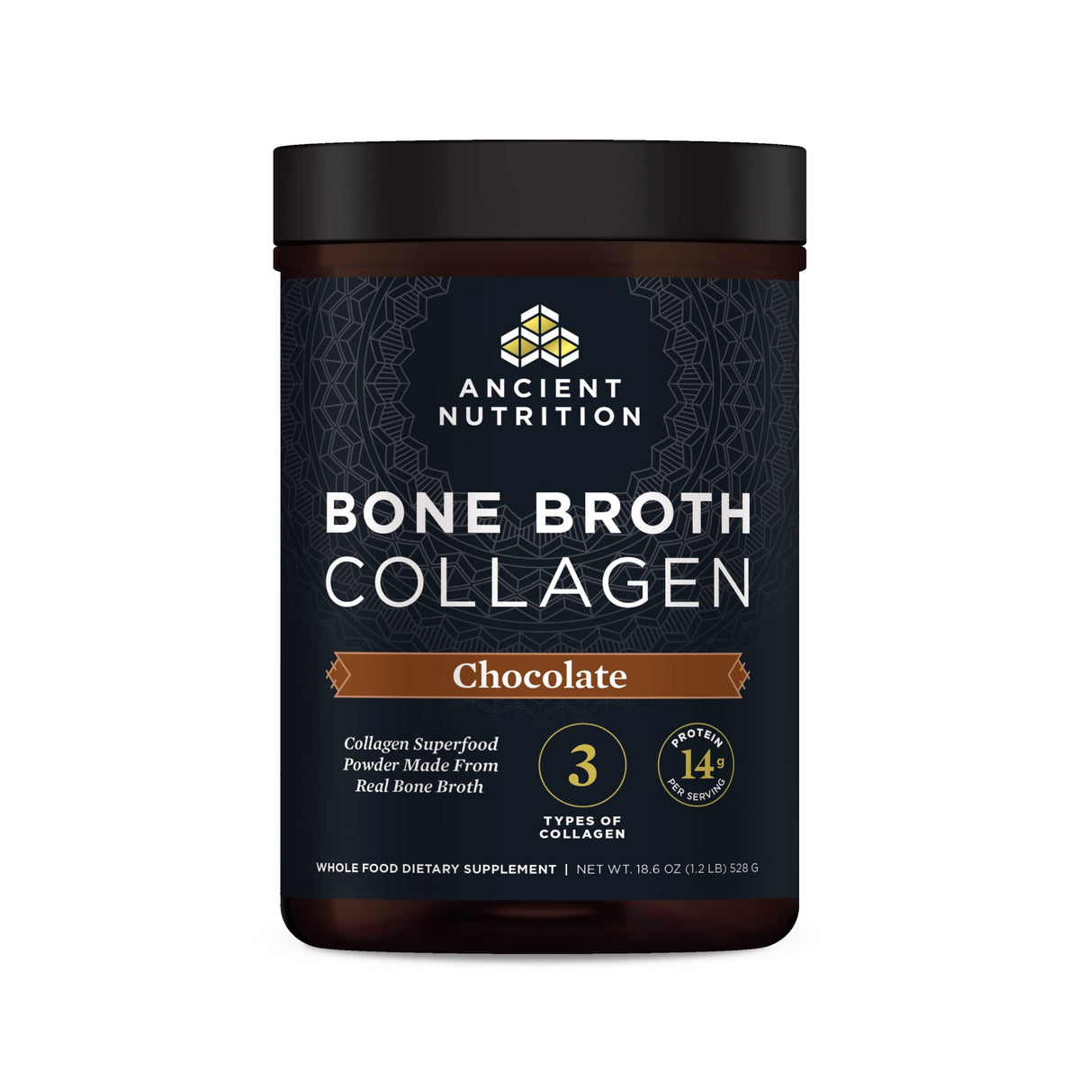 Ancient Nutrition Bouillon Os Collagene Chocolat, boisson peau et ongles en douceur.