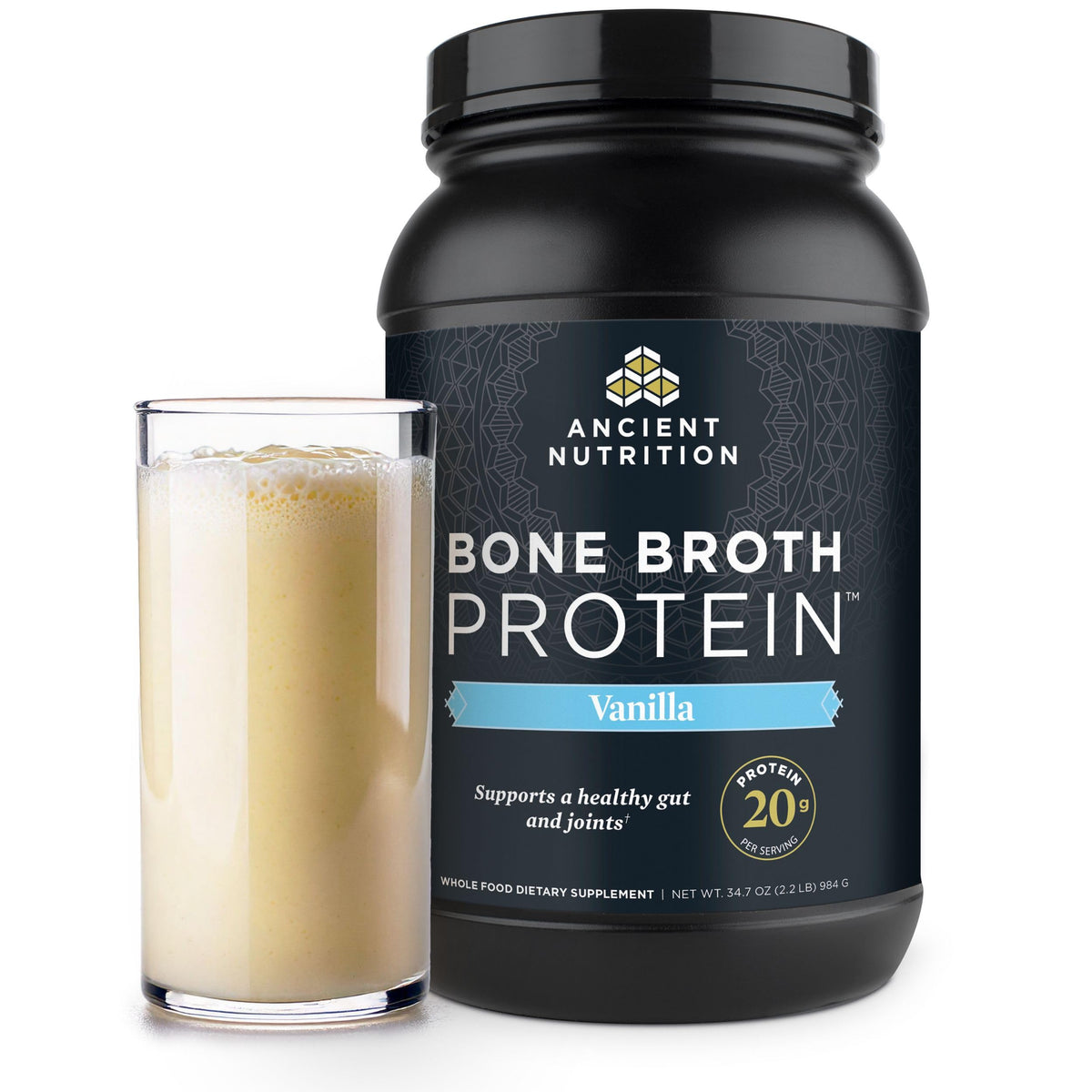 Ancient Nutrition Bouillon Os Proteine Vanille Bouteille — arôme vanille et protéine pratique.