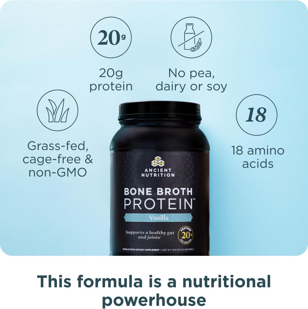 Ancient Nutrition Bouillon Os Proteine Vanille — mélange rapide pour boissons protéinées saines.