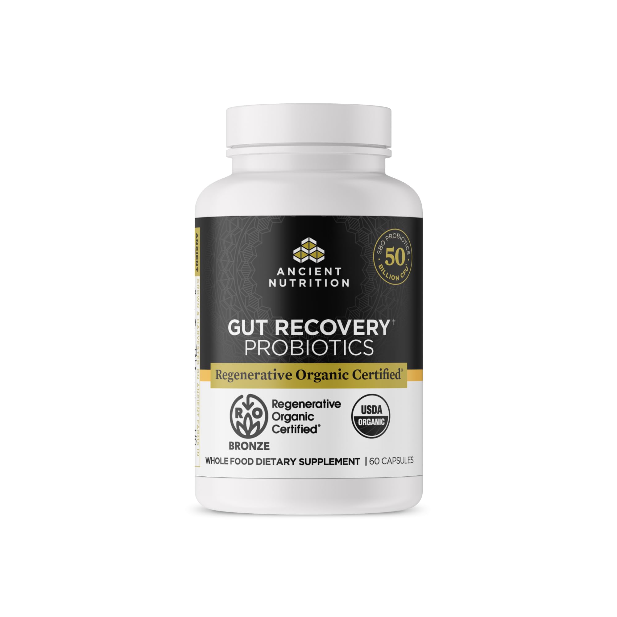 Ancient Nutrition Probiotiques Regenerative Organic – bouteille de gélules pour soutien digestif potentiel.