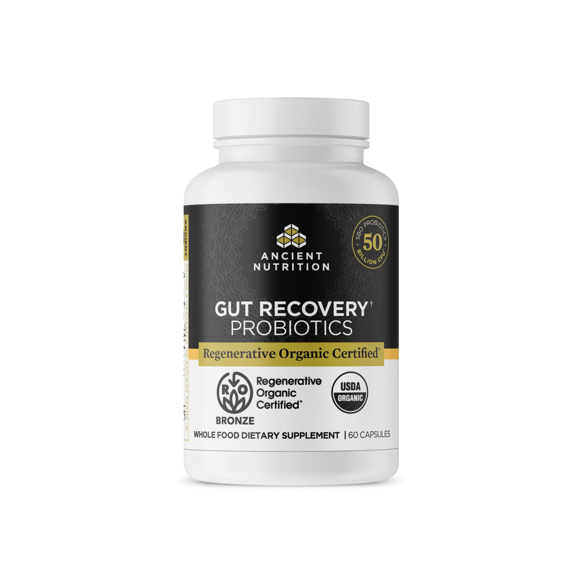 Ancient Nutrition Probiotiques Regenerative Organic – bouteille de gélules pour soutien digestif potentiel.