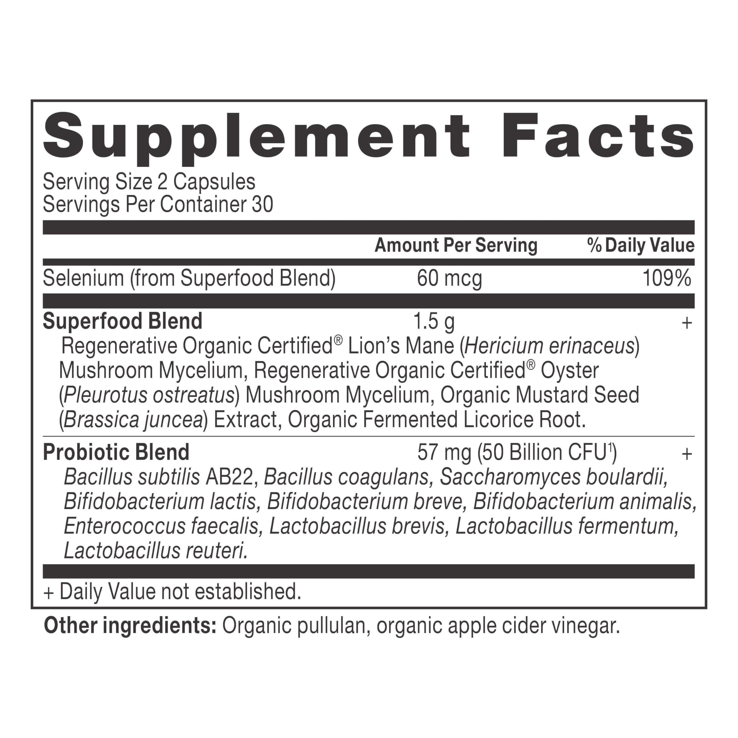 Ancient Nutrition Regenerative Organic – capsules visibles avec 30 souches pour équilibre intestinal.