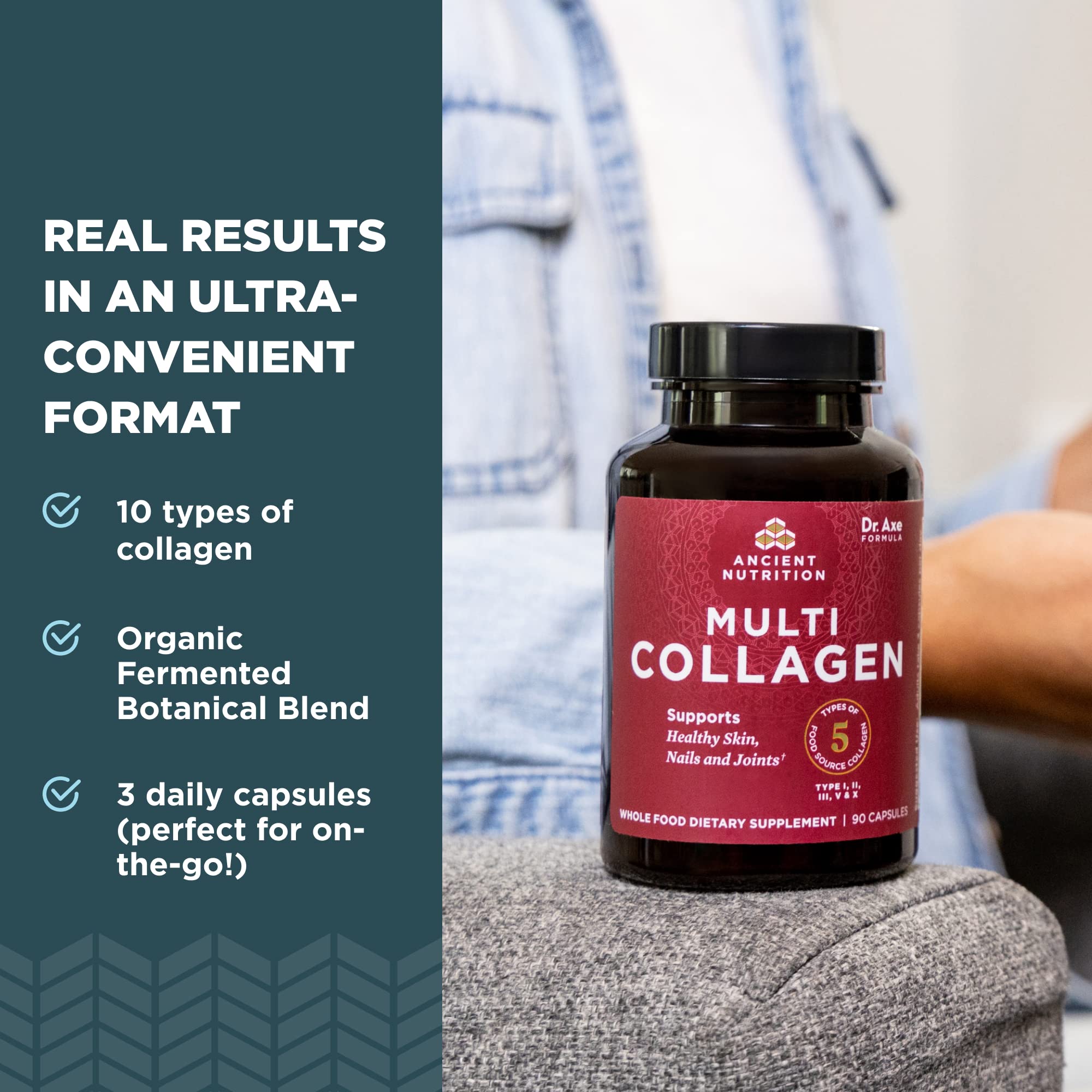 Tableau ingrédients Ancient Nutrition Collagen Pills : collagène multi-types pour beauté et articulations.