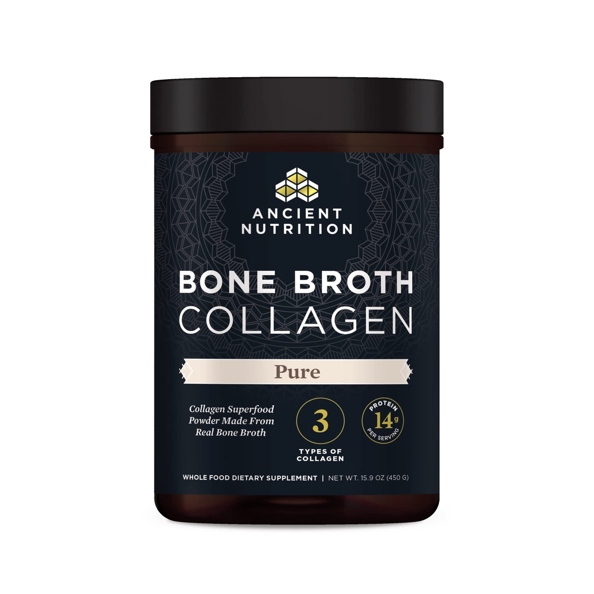 Ancient Nutrition Collagen Poudre Bouillon Visuel — texture riche pour préparations maison.