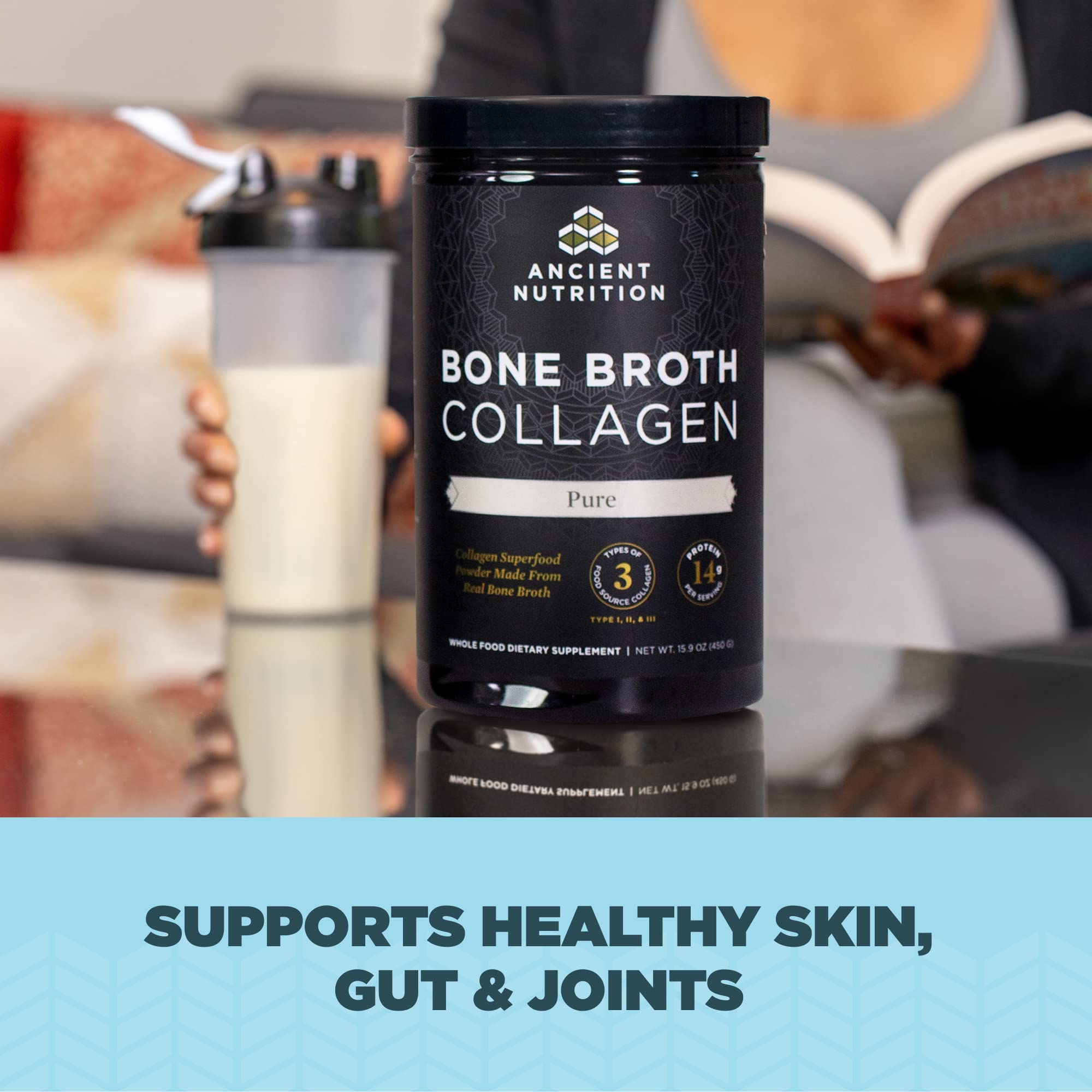 Ancient Nutrition Collagen Poudre Mélange Smoothie — se mélange facilement dans les boissons.