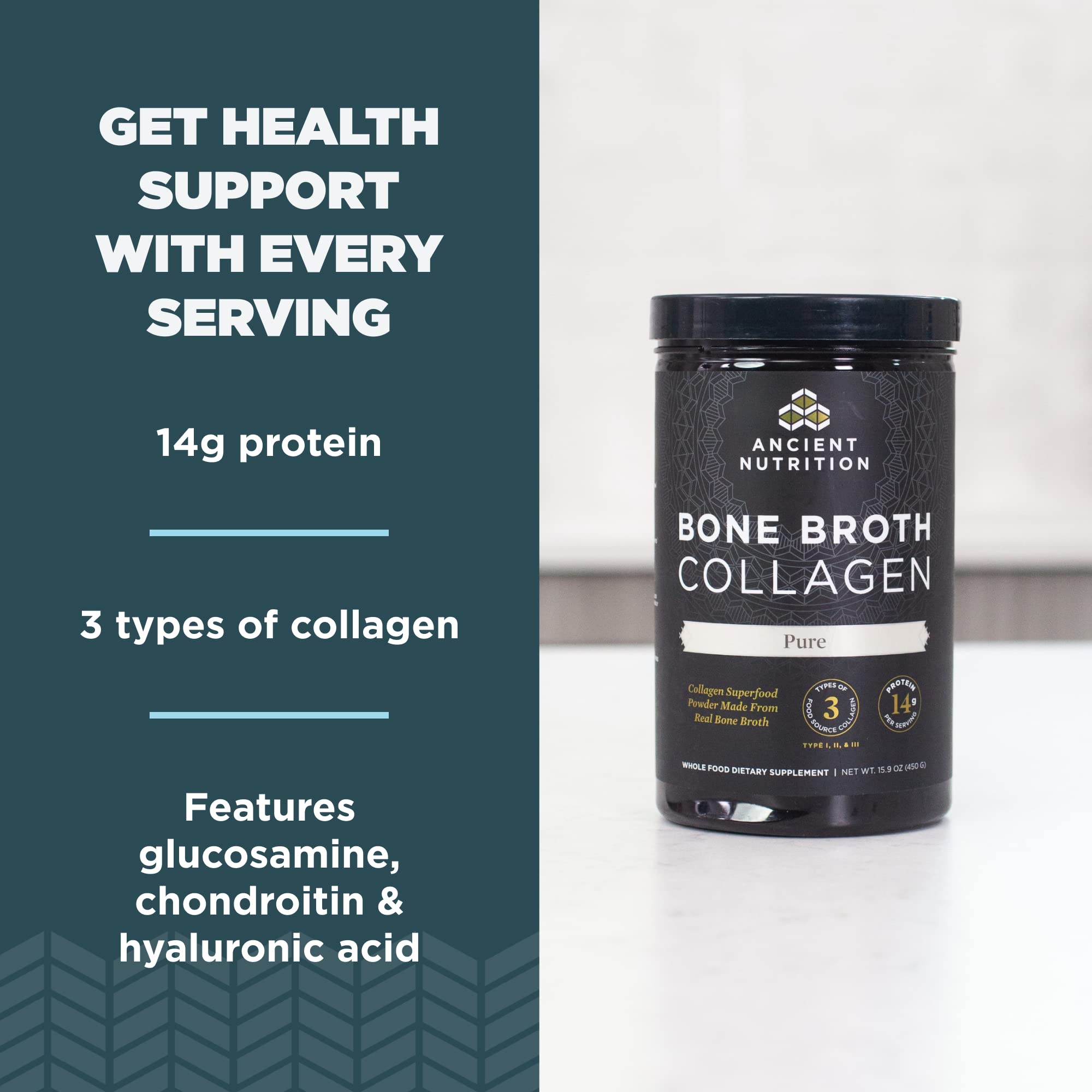 Ancient Nutrition Collagen Poudre Source Ingrédients — trois types de collagène issus de poulet, bœuf et dinde.