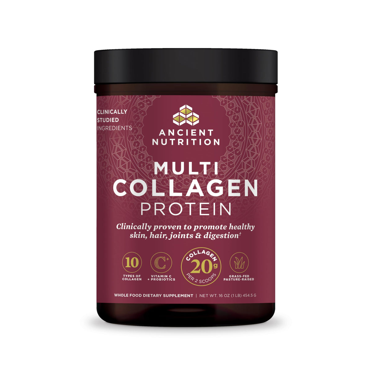 Ancient Nutrition Collagen : bouteille montrant le flacon, soutien potentiel à la peau et aux ongles.