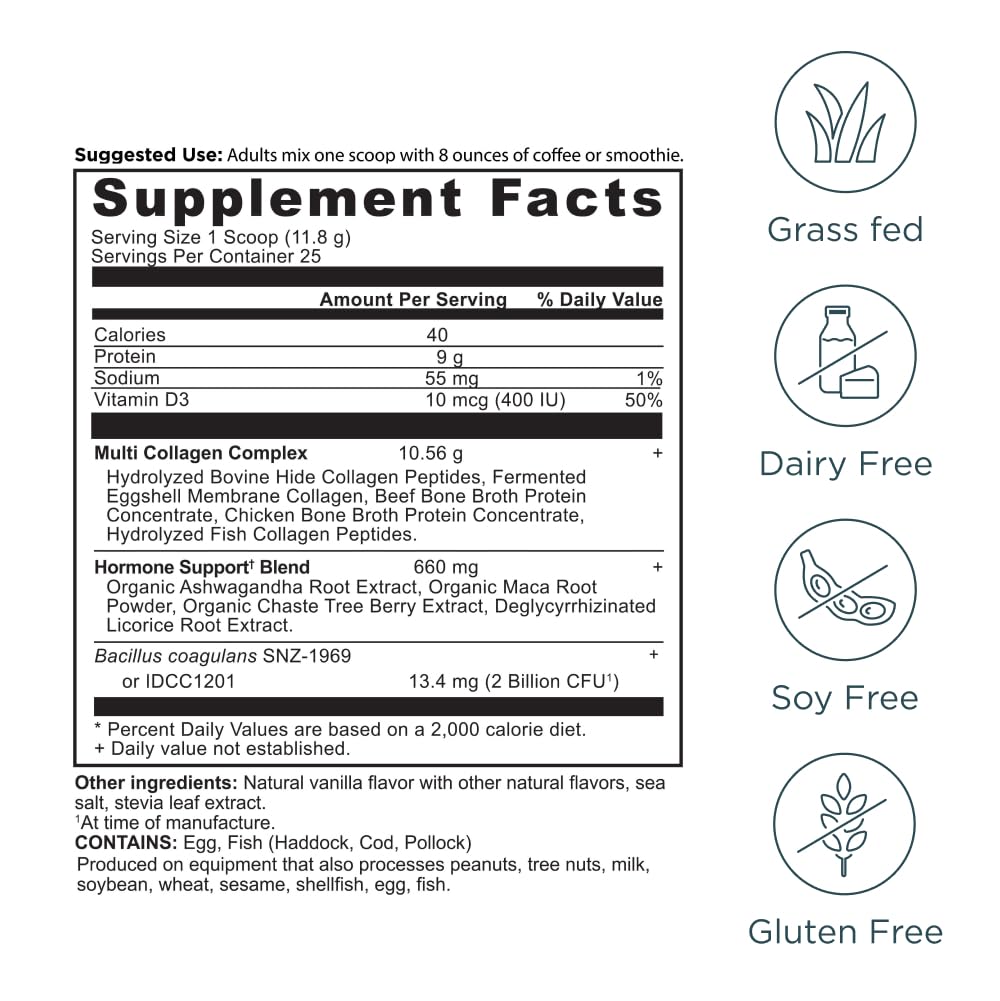 Collagène à dix types issus de cinq sources dans la formule d’Ancient Nutrition.