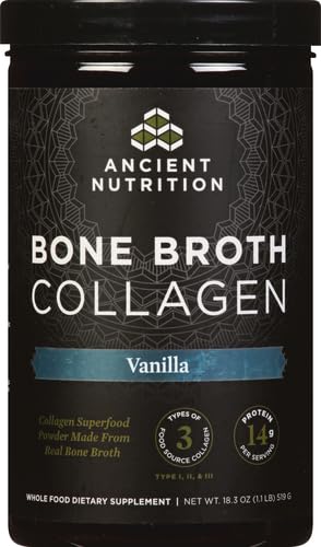 Ancient Nutrition Collagene Bouillon Poudre Vanille mélange facile dans smoothies pour un apport protéique.