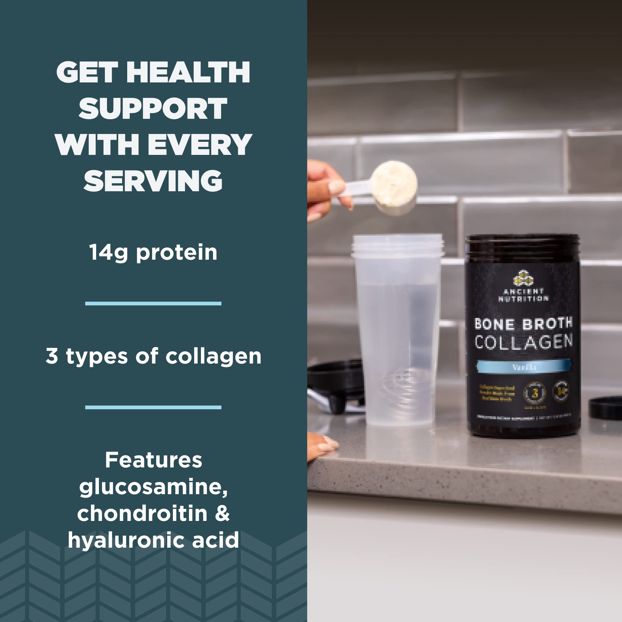 Ancient Nutrition Collagene Bouillon Poudre Vanille source de protéines et nutriments sans additifs.