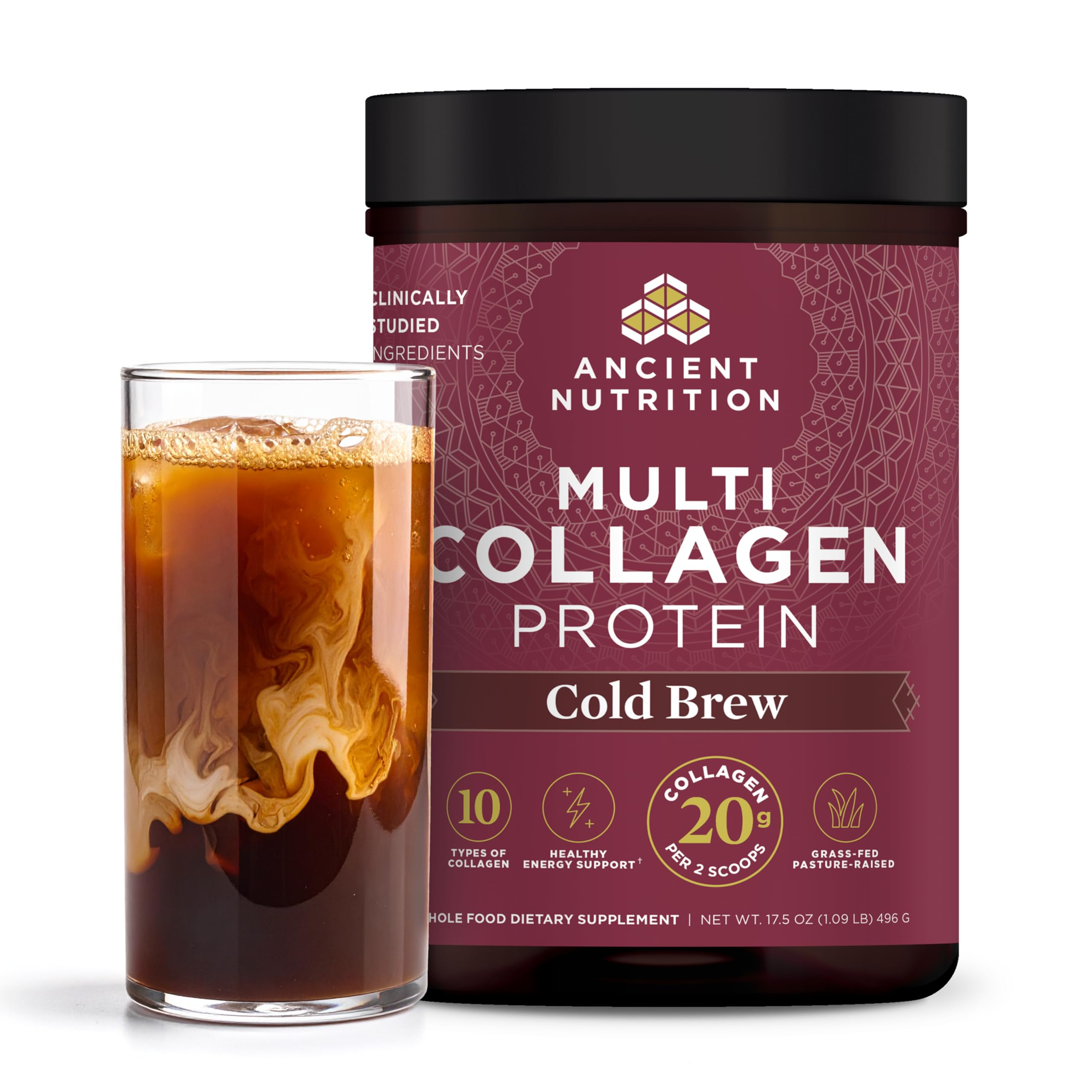 Ancient Nutrition collagene hydrolysé en poudre, infusion froide, mélange facile au quotidien.