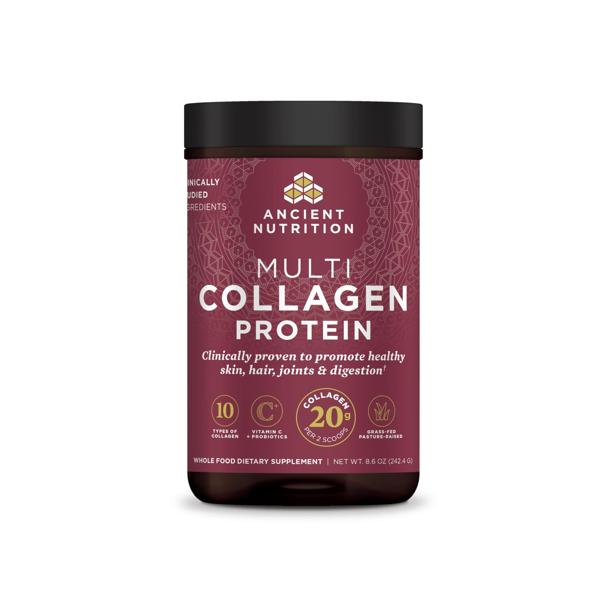 Ancient Nutrition collagène hydrolysé dans le tube naturel, utile pour peau et cheveux.
