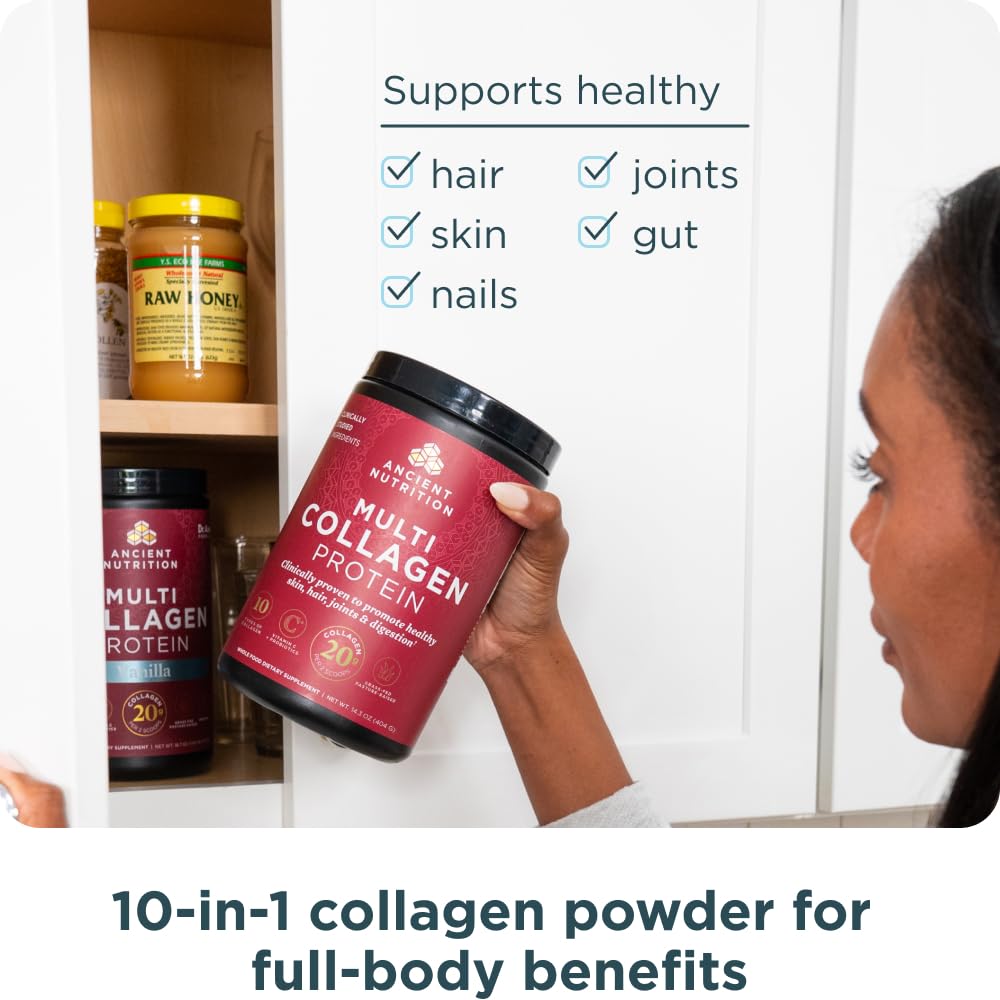 Ancient Nutrition collagène hydrolysé, 20 g par portion, utilisation quotidienne.
