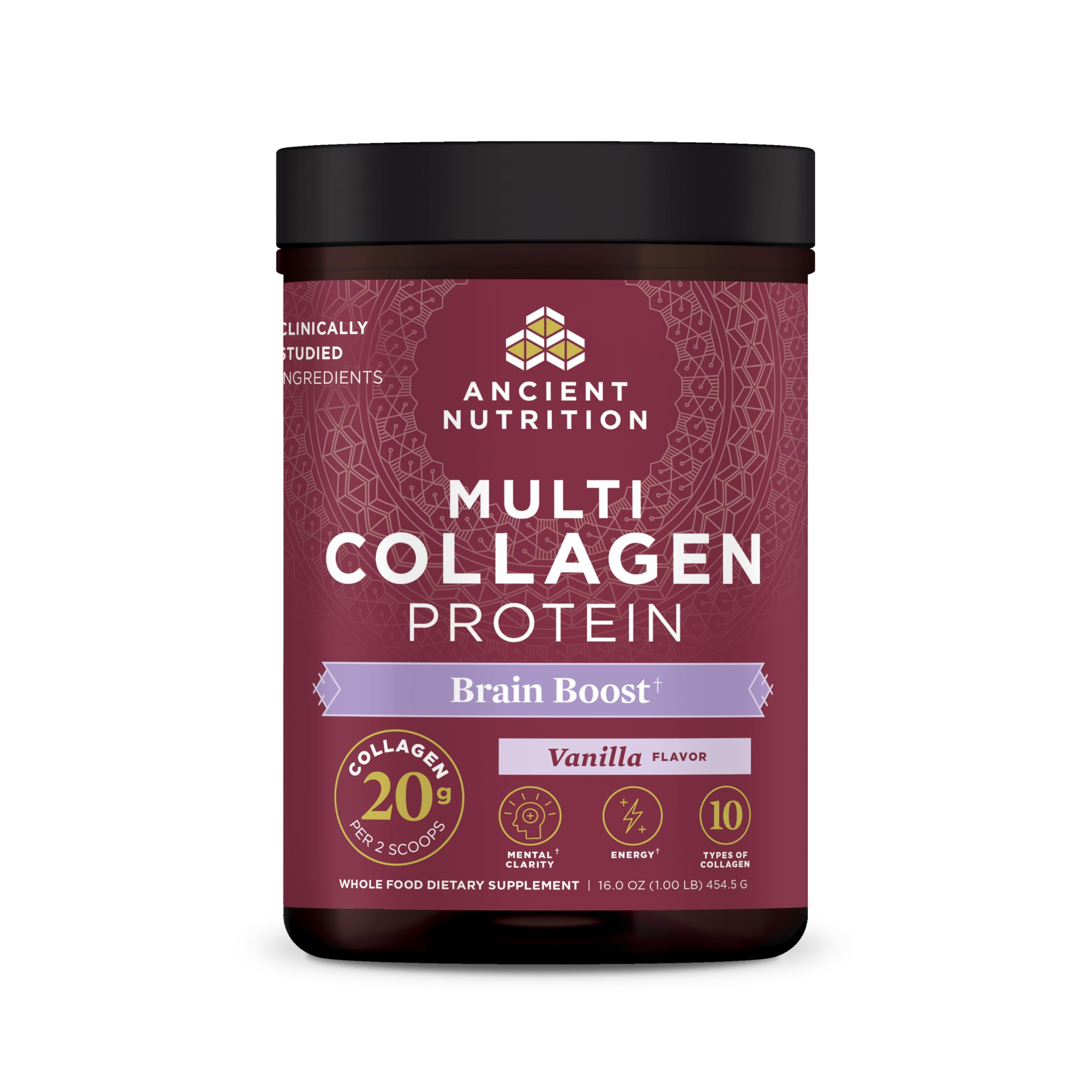 Ancient Nutrition Collagène Multi - pot de poudre prêt à être mélangé dans une boisson.