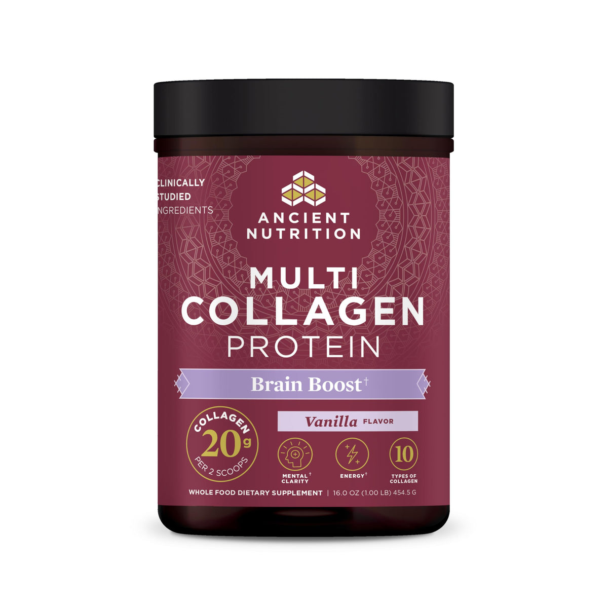 Ancient Nutrition Collagène Multi - pot de poudre prêt à être mélangé dans une boisson.
