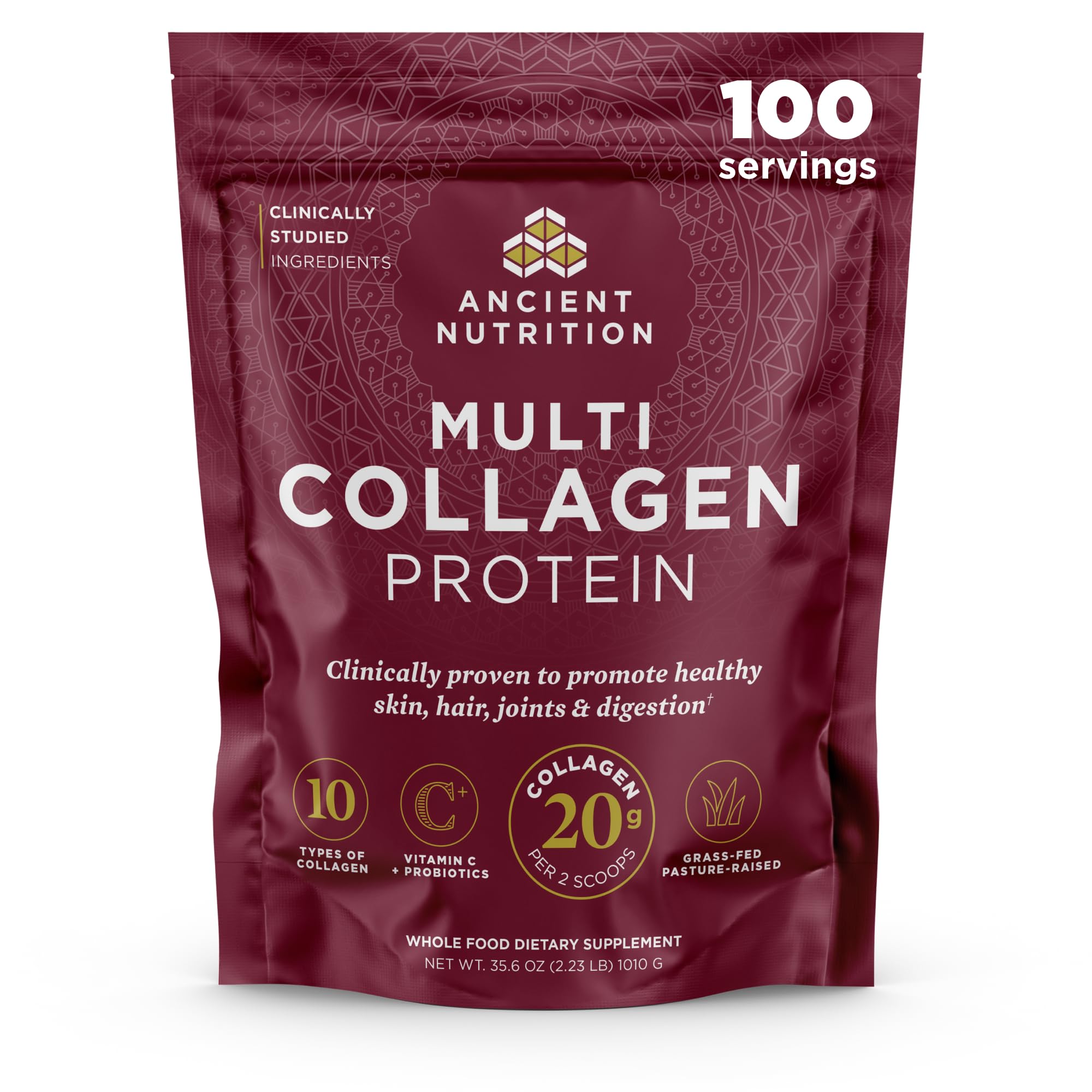 Ancient Nutrition Collagene Poudre, emballage pratique pour utilisation quotidienne.