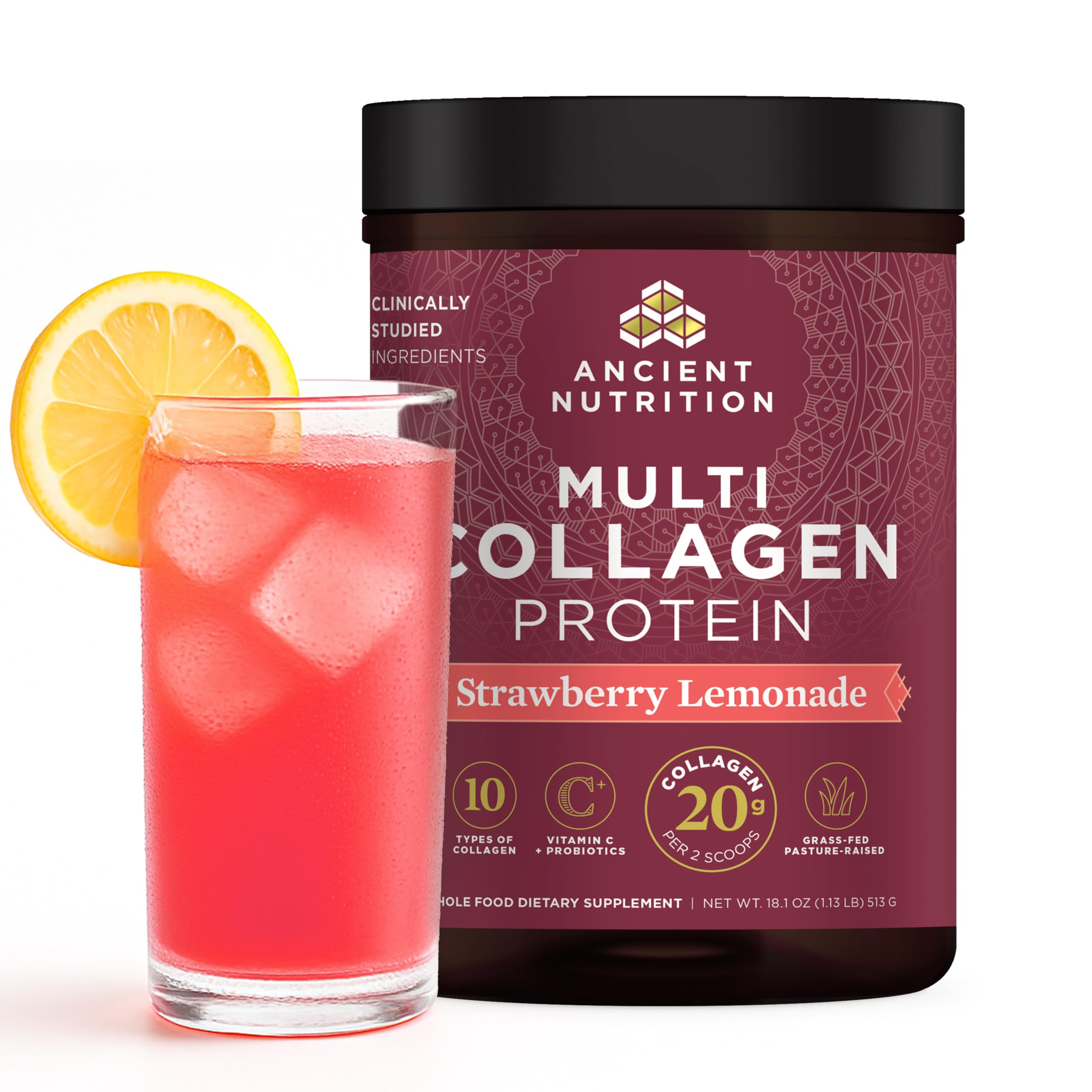 Ancient Nutrition collagene-probiotiques poudre fraise-citronnade dose – apport proteique potentiel.