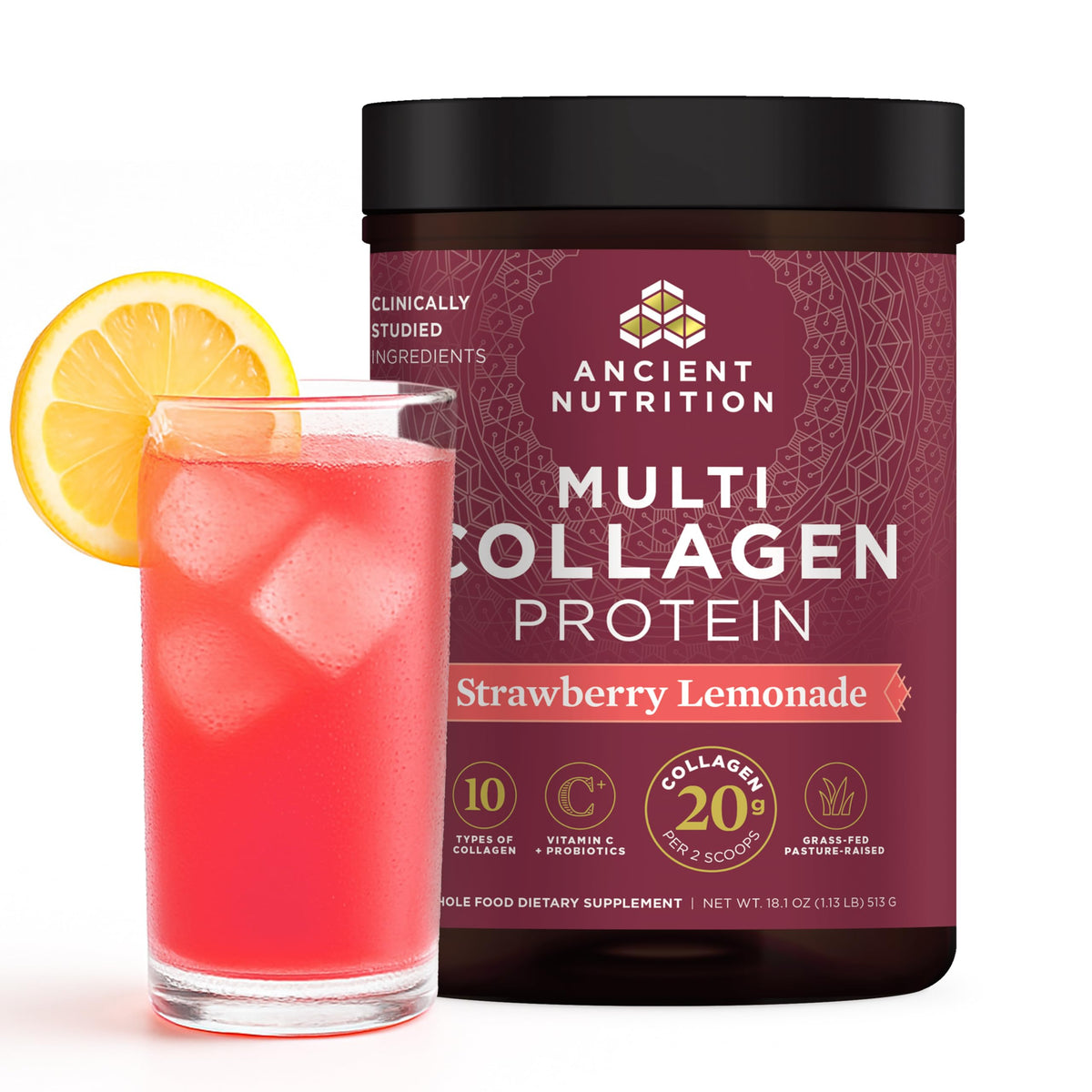 Ancient Nutrition collagene-probiotiques poudre fraise-citronnade dose – apport proteique potentiel.