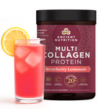 Ancient Nutrition collagene-probiotiques poudre fraise-citronnade dose – apport proteique potentiel.
