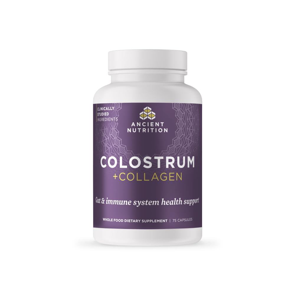 Ancient Nutrition Colostrum Superfood + Collagen, bouteille de capsules, soutien quotidien potentiel.