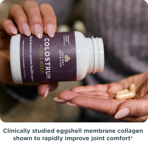 Capsules blanches d’Ancient Nutrition Colostrum Superfood + Collagen, faciles à prendre le matin.