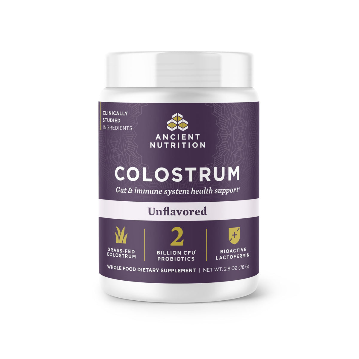Ancient Nutrition Colostrum en poudre dans l’emballage, prêt à l’emploi.