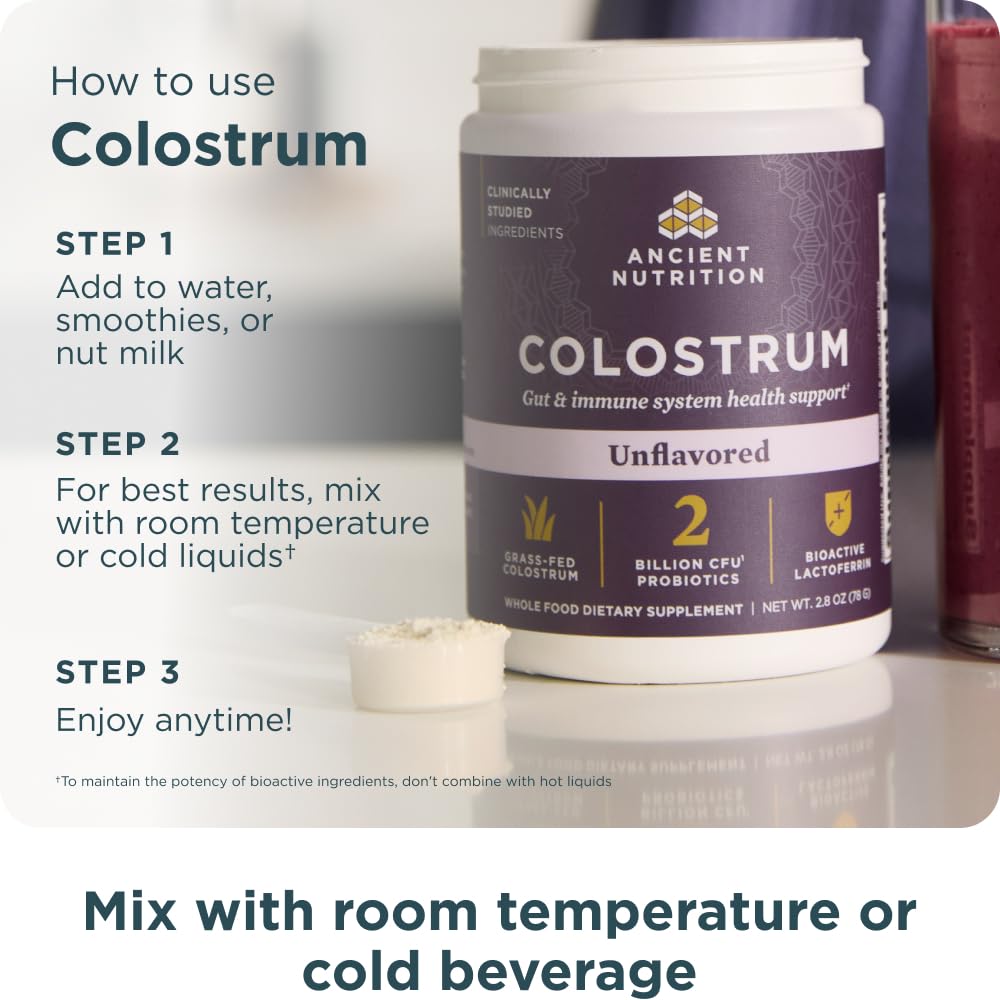 Ancient Nutrition Colostrum en gros plan, poudre fine et soyeuse.