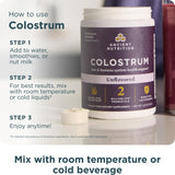 Ancient Nutrition Colostrum en gros plan, poudre fine et soyeuse.
