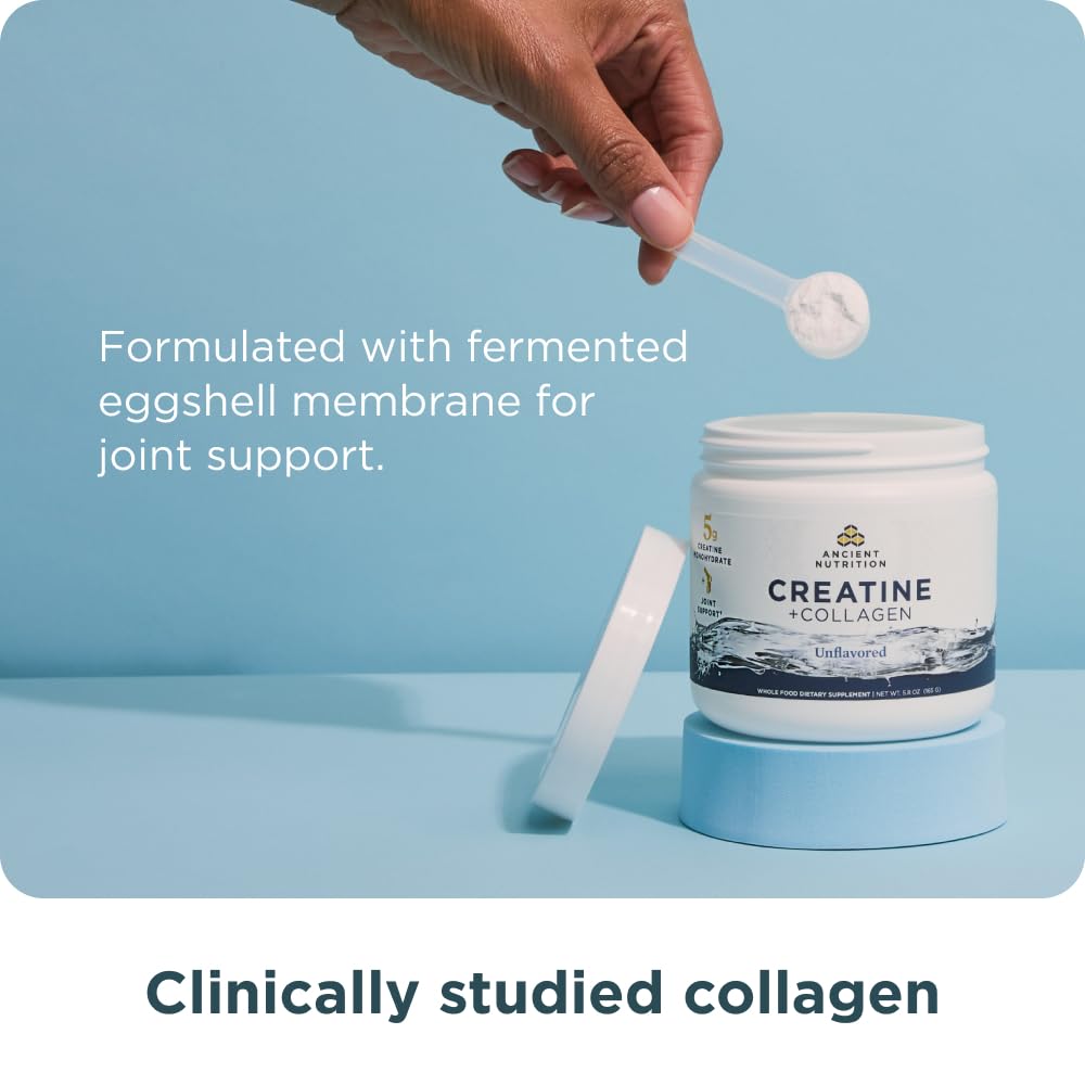 Ancient Nutrition Créatine + Collagène – Étiquette du produit mettant en avant les bénéfices potentiels.