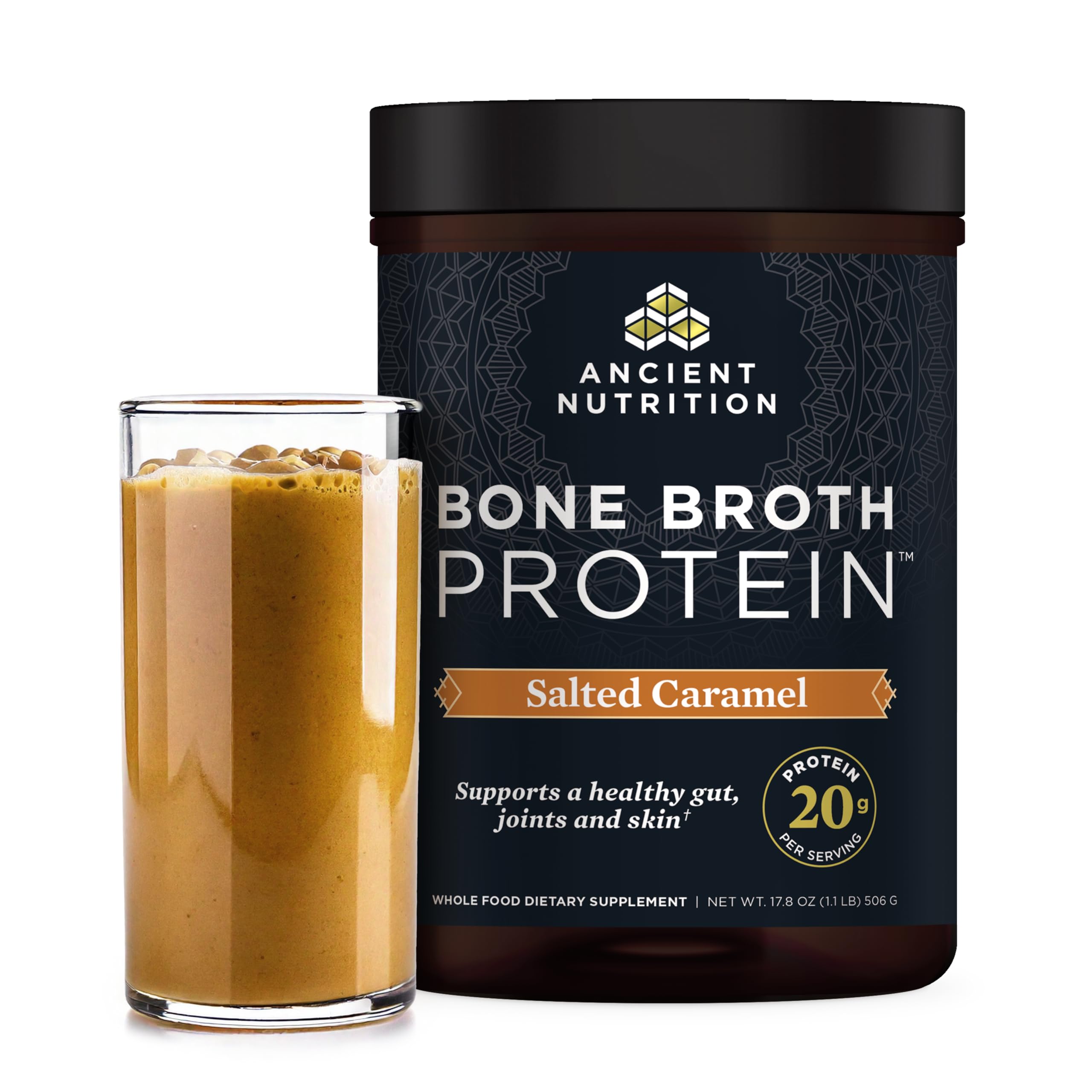 Ancient Nutrition emballage poudre bouillon os caramel salé, pratique et prêt à l'emploi.