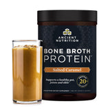 Ancient Nutrition emballage poudre bouillon os caramel salé, pratique et prêt à l'emploi.