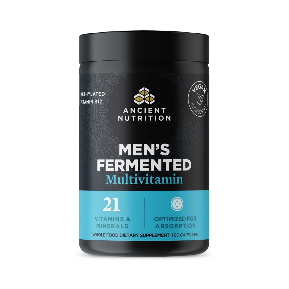 Ancient Nutrition Hommes Multivitamine — bouteille avec capsules pour énergie quotidienne.